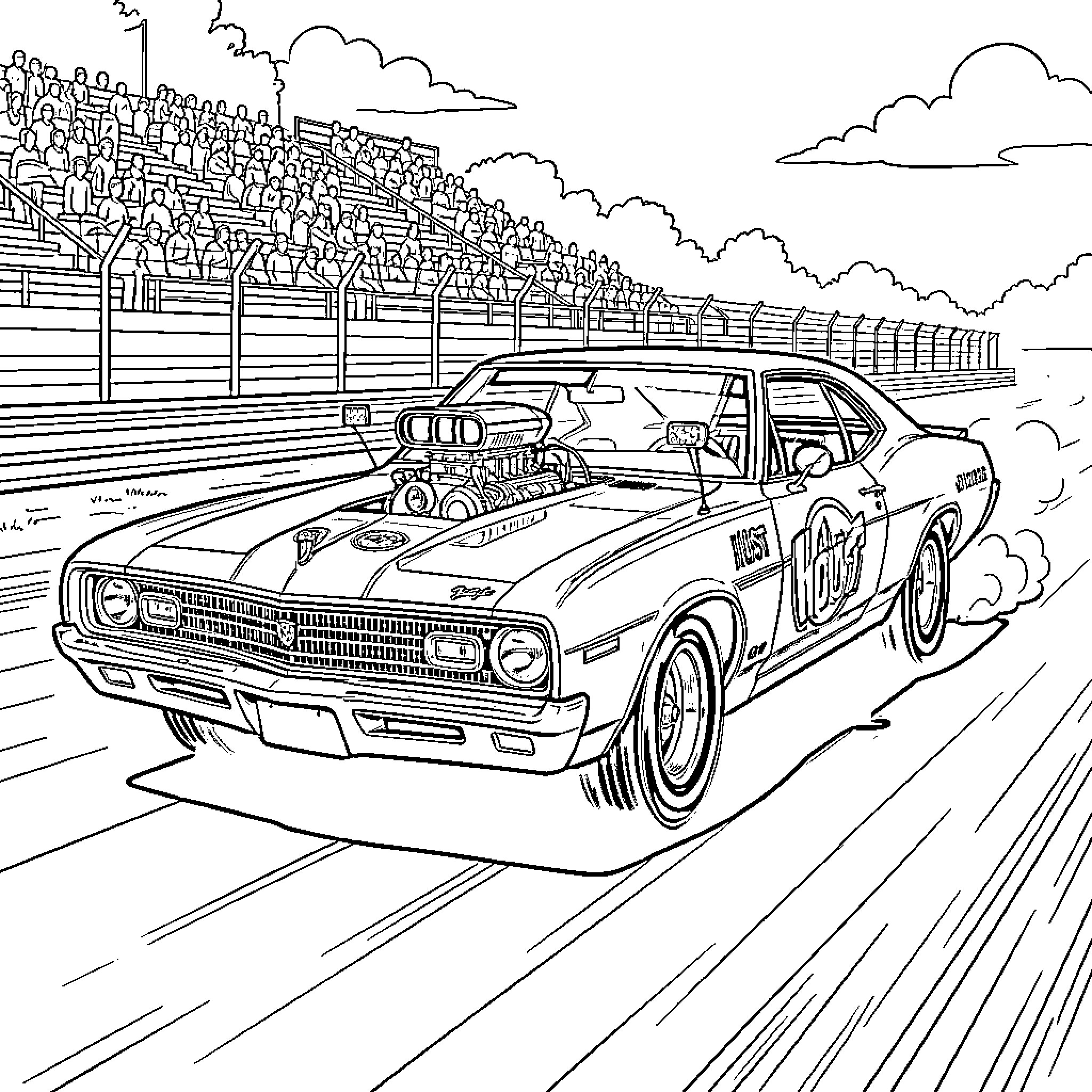 Oldsmobile racing on the track with spectators Coloring Page (free black-and-white line drawing printable PDF for all, from beginners to advanced learners, including children, teens, adults, and seniors)