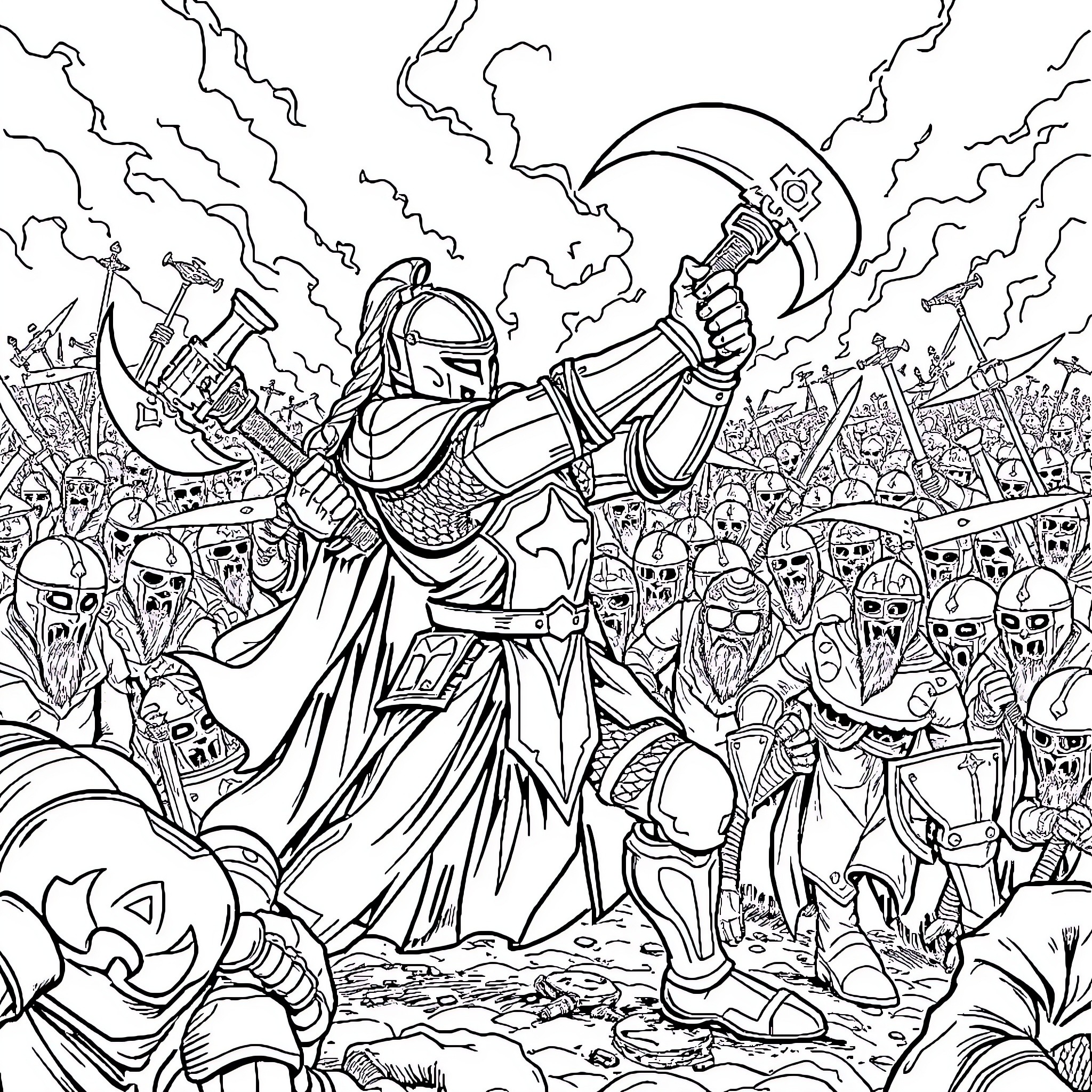 Knight Leading Troops to Victory in Fierce Battle Coloring Page (free black-and-white line drawing printable PDF for all, from beginners to advanced learners, including children, teens, adults, and seniors)