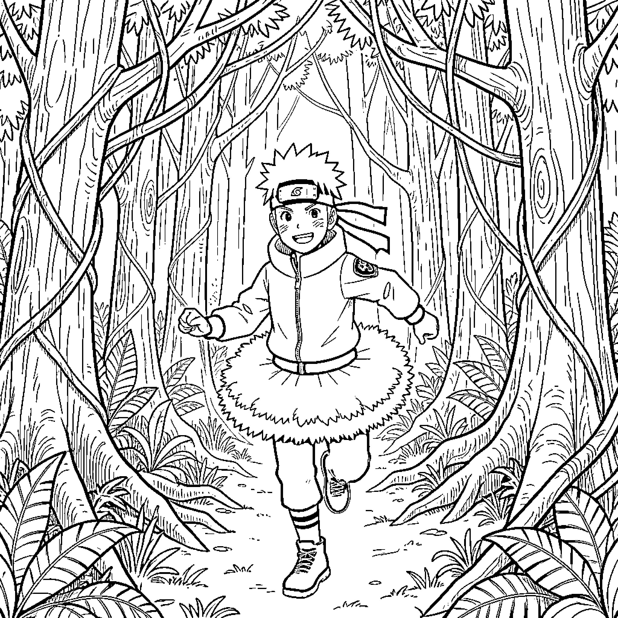 Naruto running joyfully through a dense forest Coloring Page (free black-and-white line drawing printable PDF for all, from beginners to advanced learners, including children, teens, adults, and seniors)