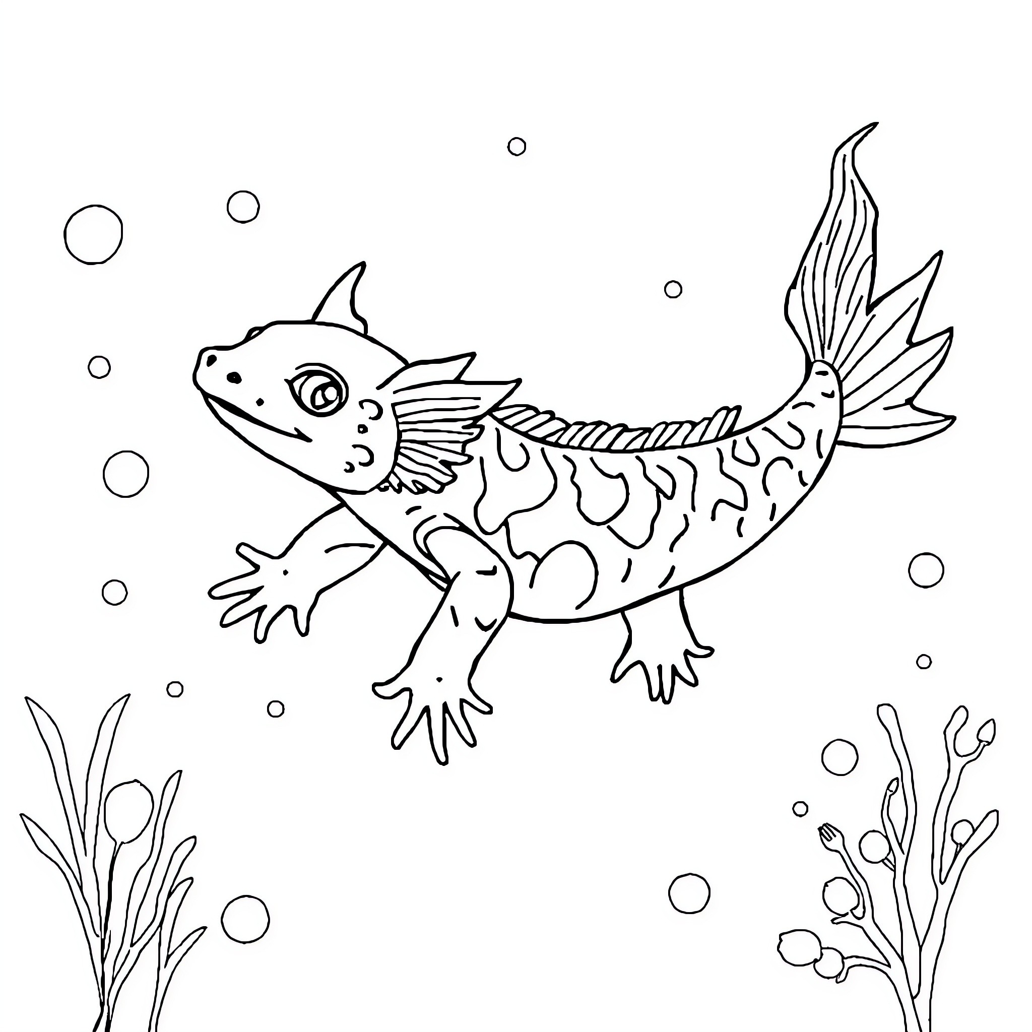 Axolotl swimming gracefully through the underwater scene Coloring Page (free black-and-white line drawing printable PDF for all, from beginners to advanced learners, including children, teens, adults, and seniors)