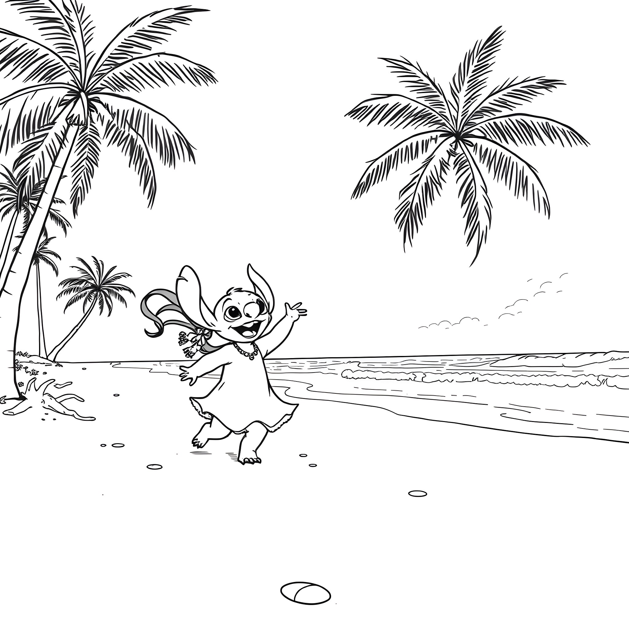 Lilo dancing on the beach with palm trees Coloring Page (free black-and-white line drawing printable PDF for all, from beginners to advanced learners, including children, teens, adults, and seniors)