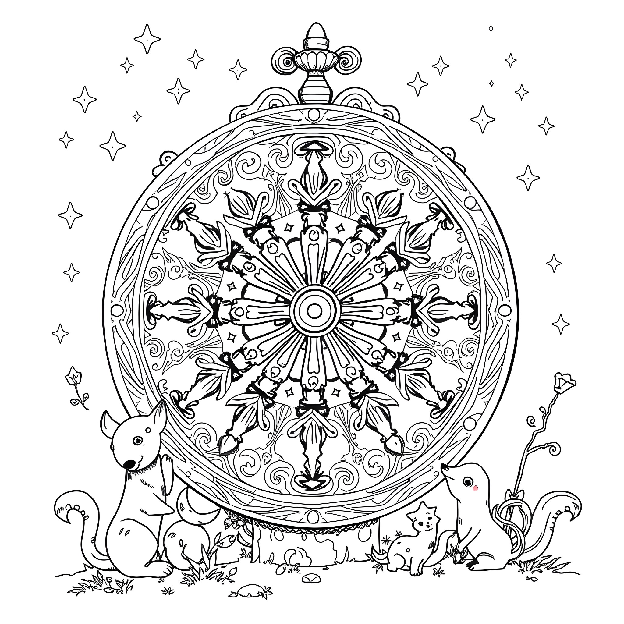 Wheel of whimsical wonder with nature creatures Coloring Page (free black-and-white line drawing printable PDF for all, from beginners to advanced learners, including children, teens, adults, and seniors)