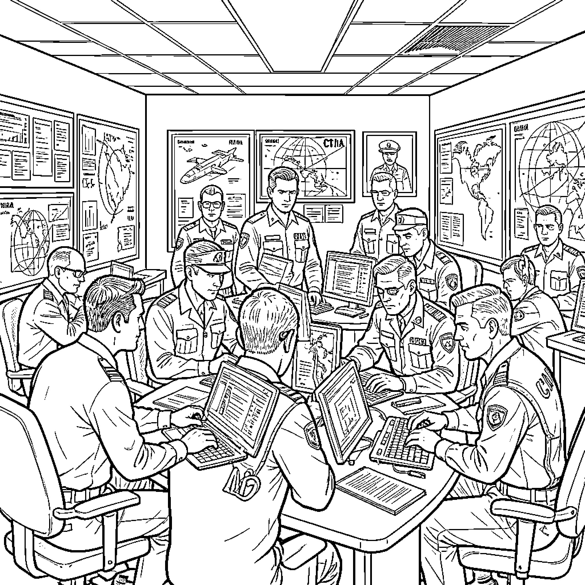 CIA Operatives Strategizing in Command Center Coloring Page (free black-and-white line drawing printable PDF for all, from beginners to advanced learners, including children, teens, adults, and seniors)