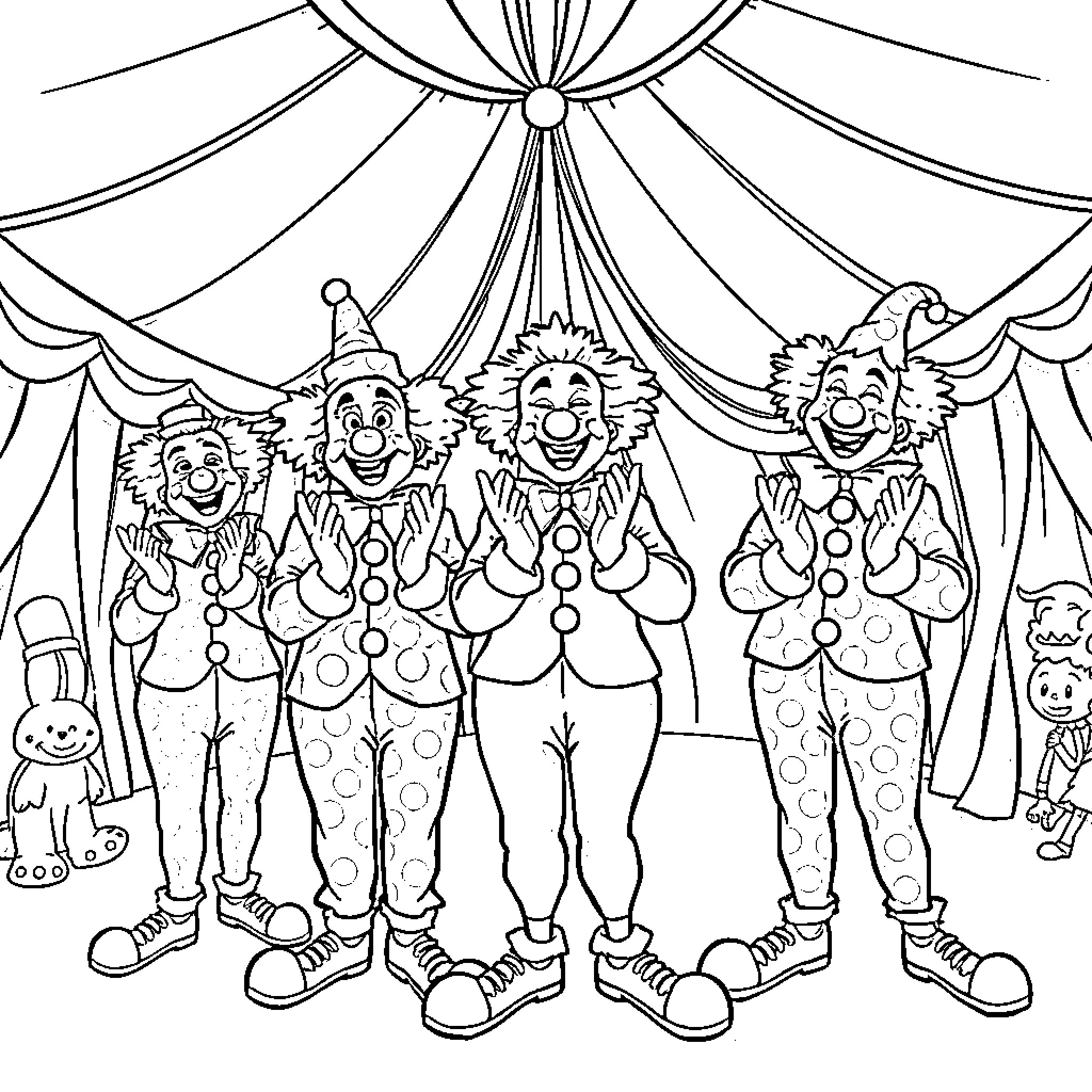 Clowns performing cheerfully in a circus tent Coloring Page (free black-and-white line drawing printable PDF for all, from beginners to advanced learners, including children, teens, adults, and seniors)