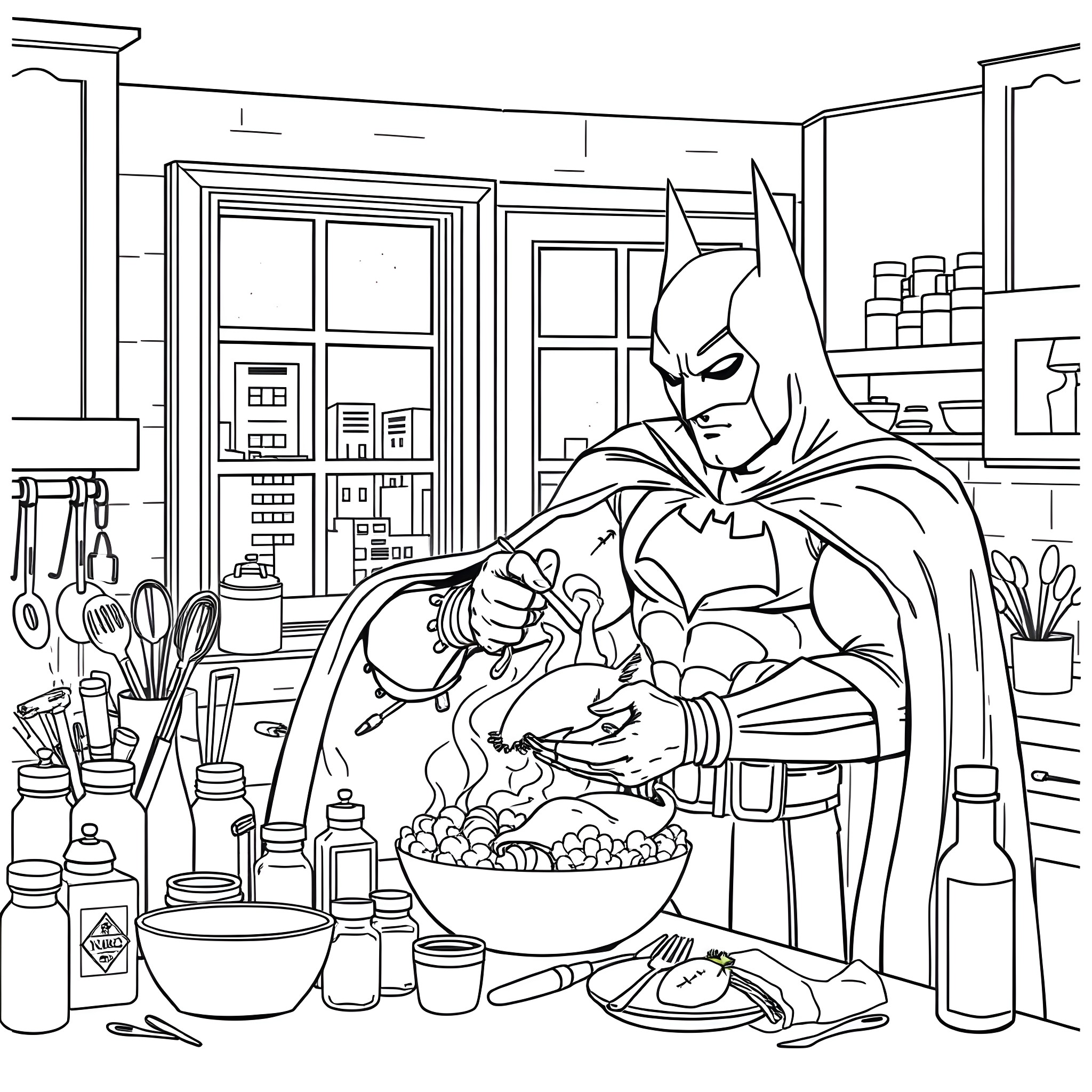Batman Cooking in the Kitchen Coloring Page (free black-and-white line drawing printable PDF for all, from beginners to advanced learners, including children, teens, adults, and seniors)