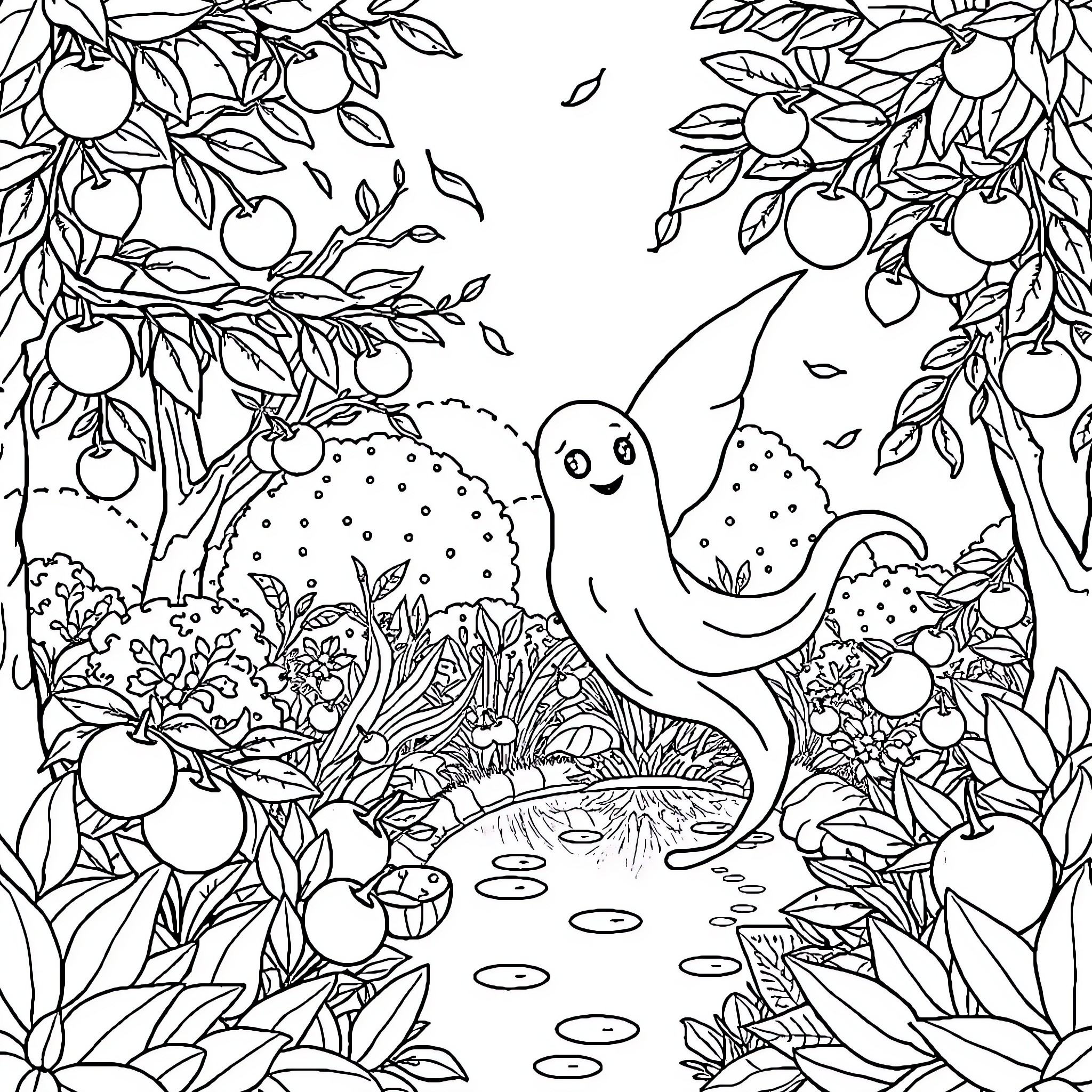 Fantasma's Enchanted Orchard Adventure Coloring Page (free black-and-white line drawing printable PDF for all, from beginners to advanced learners, including children, teens, adults, and seniors)