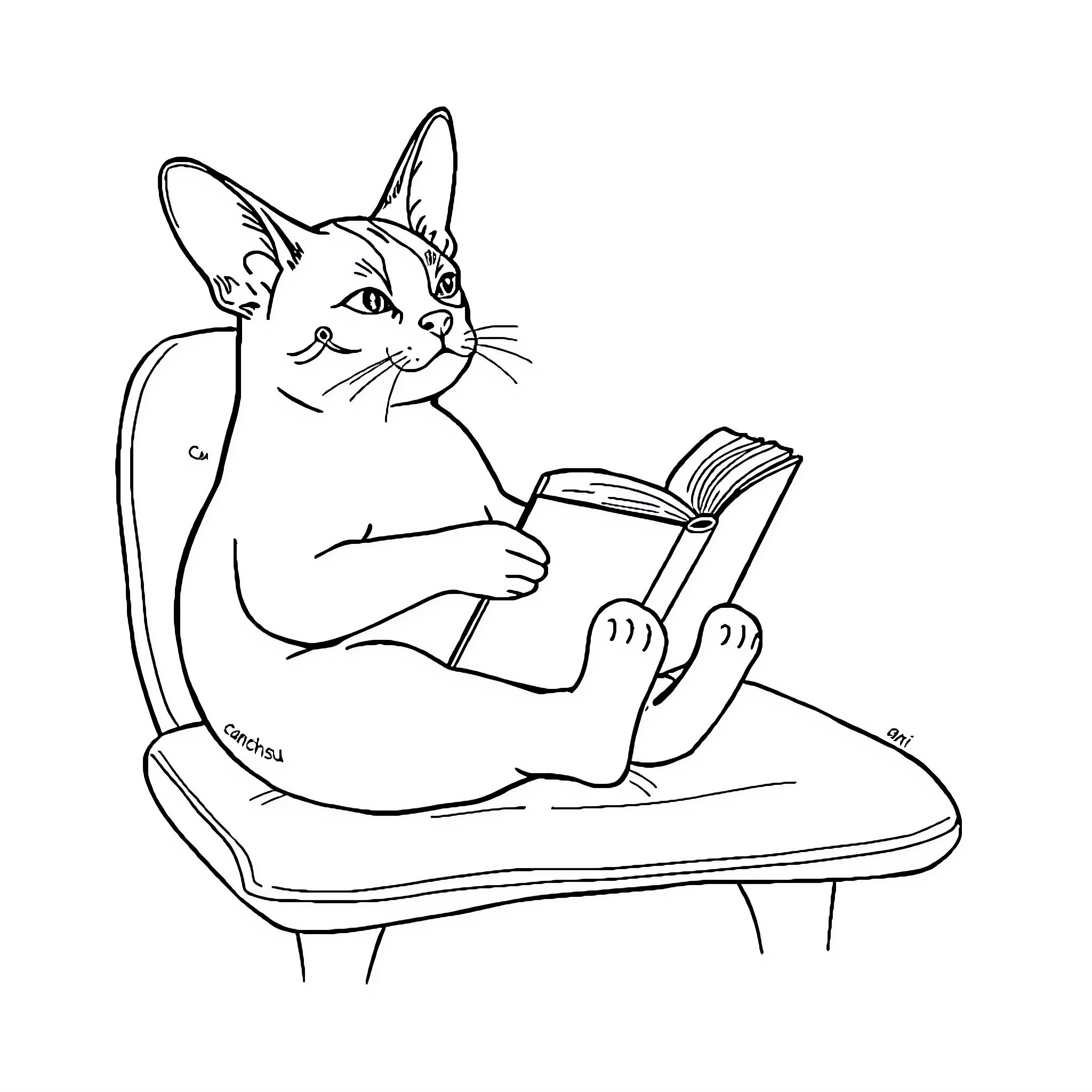 Poodle reading a book on a chair Coloring Page (free black-and-white line drawing printable PDF for all, from beginners to advanced learners, including children, teens, adults, and seniors)