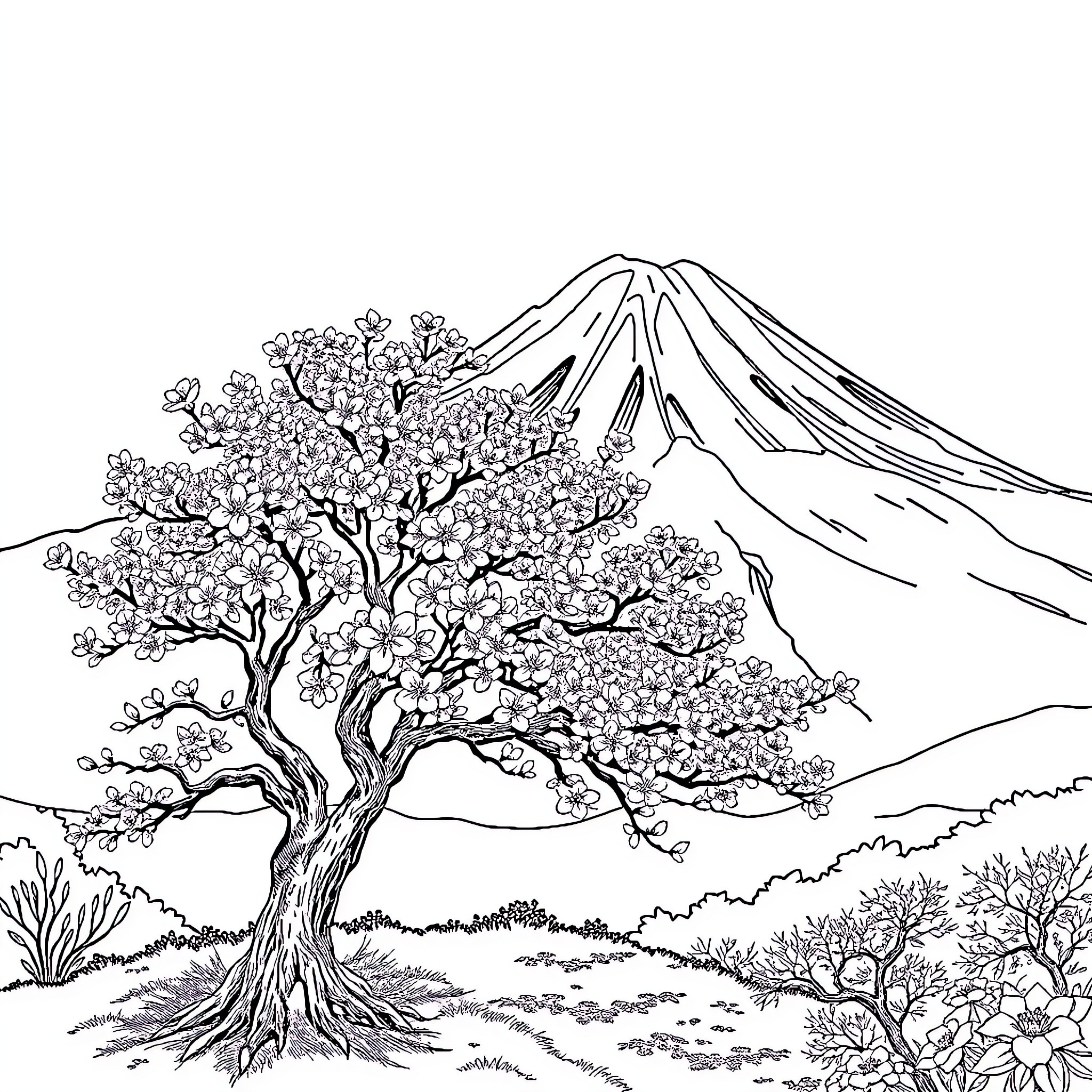 Sakura Tree Blooming in Japanese Landscape Coloring Page (free black-and-white line drawing printable PDF for all, from beginners to advanced learners, including children, teens, adults, and seniors)
