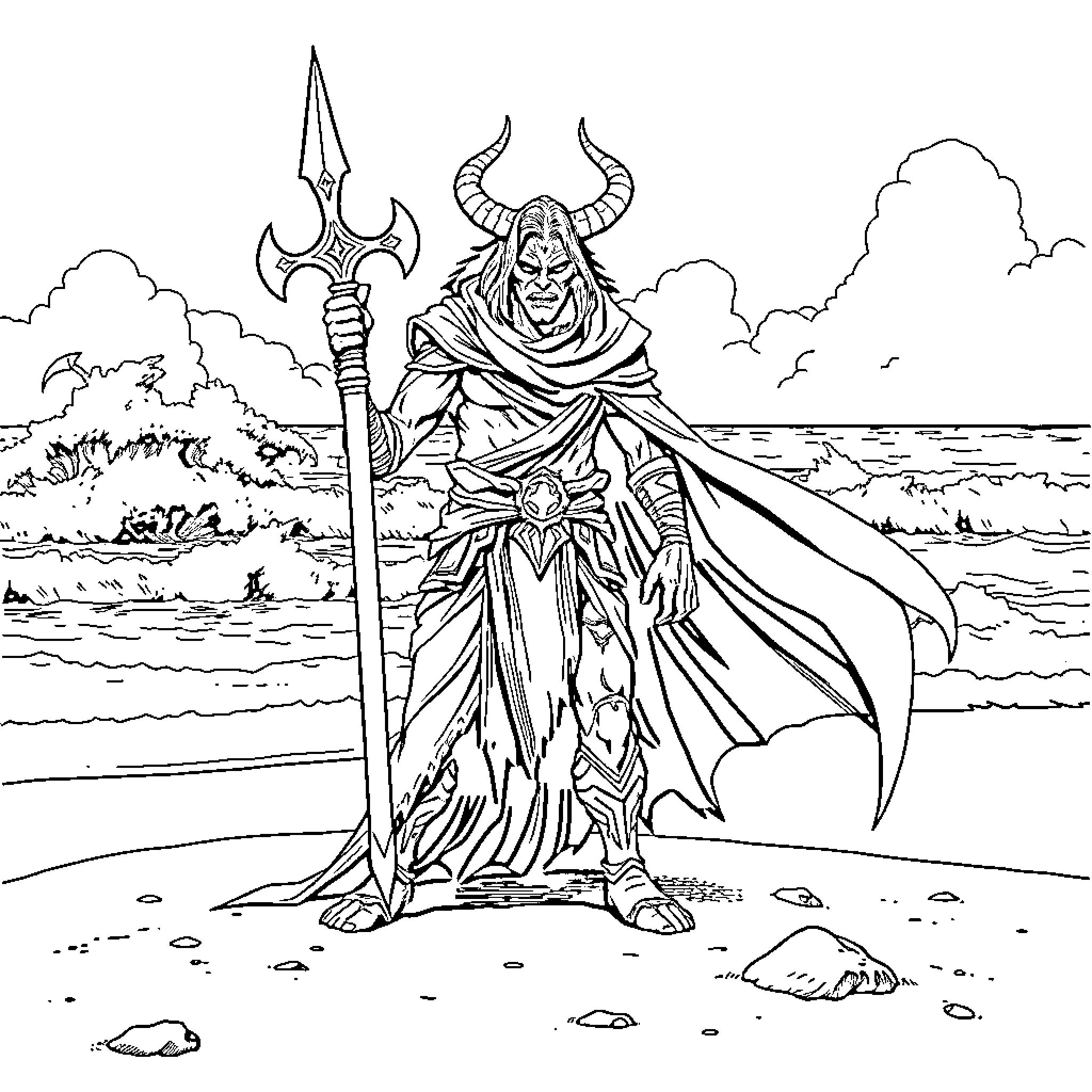 Demon Slayer Warrior Wielding Powerful Weapon on Scenic Beach Coloring Page (free black-and-white line drawing printable PDF for all, from beginners to advanced learners, including children, teens, adults, and seniors)