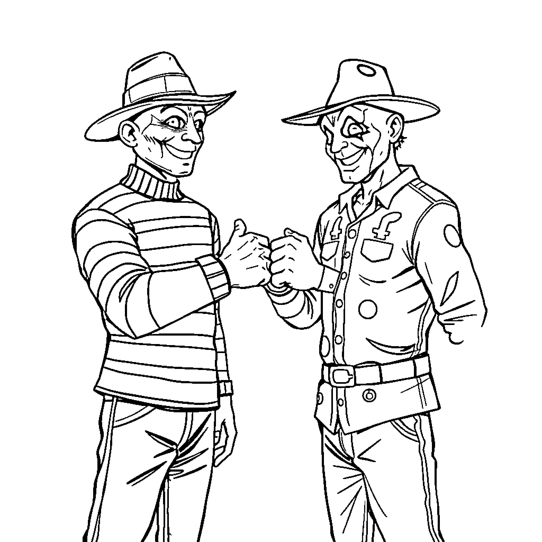 Freddy and Jason in Playful Banter Coloring Page (free black-and-white line drawing printable PDF for all, from beginners to advanced learners, including children, teens, adults, and seniors)