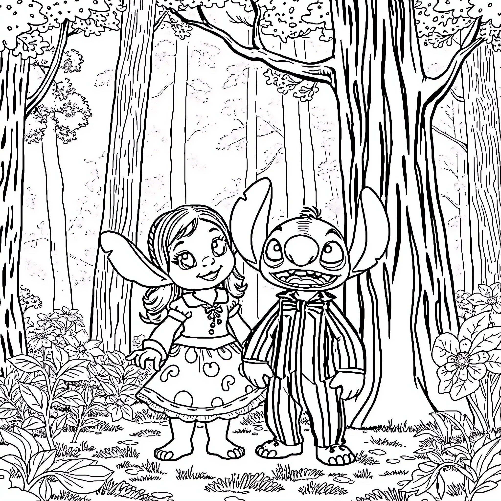 Lilo and her friend exploring the enchanted forest Coloring Page (free black-and-white line drawing printable PDF for all, from beginners to advanced learners, including children, teens, adults, and seniors)