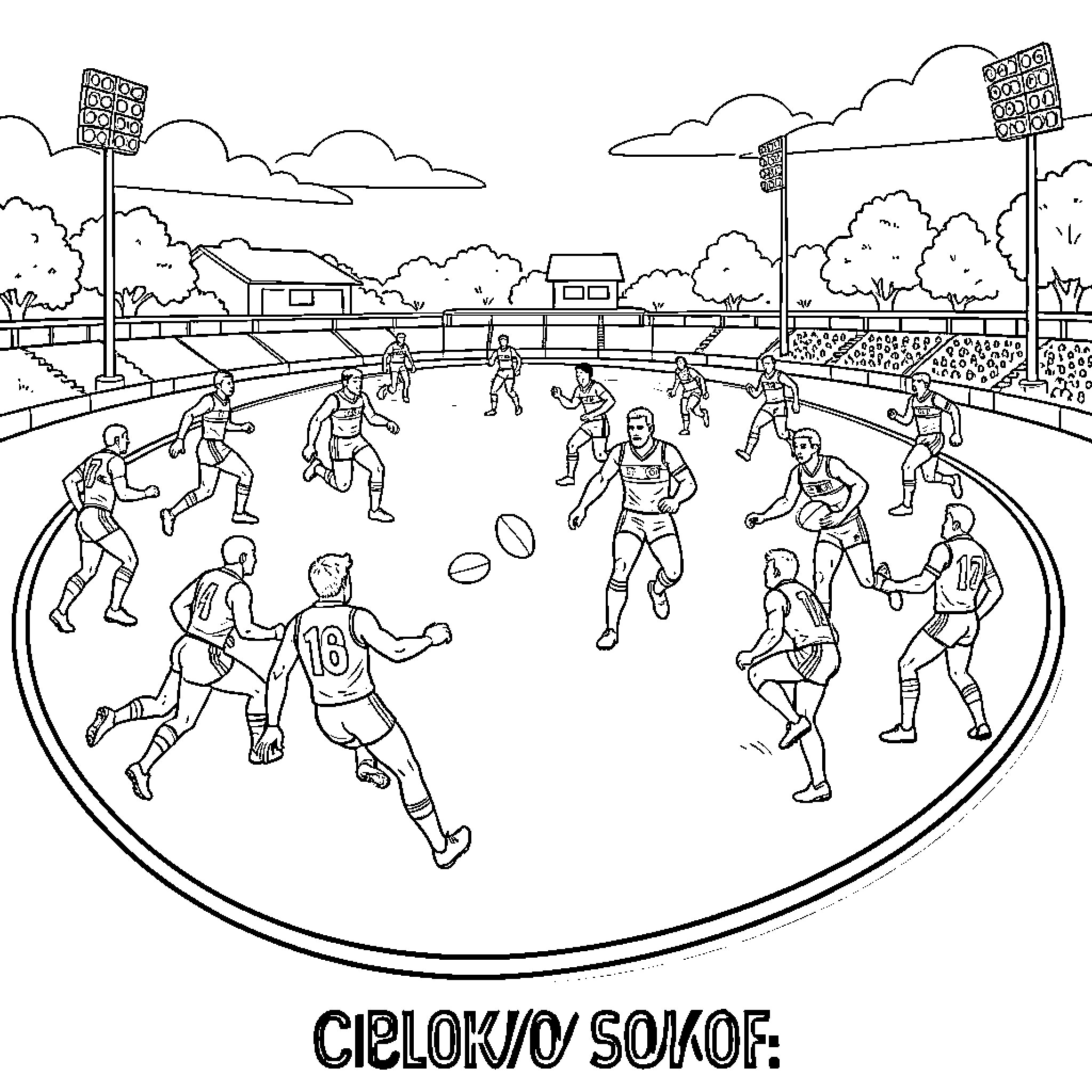 Australian Rules Football match in an oval stadium Coloring Page (free black-and-white line drawing printable PDF for all, from beginners to advanced learners, including children, teens, adults, and seniors)