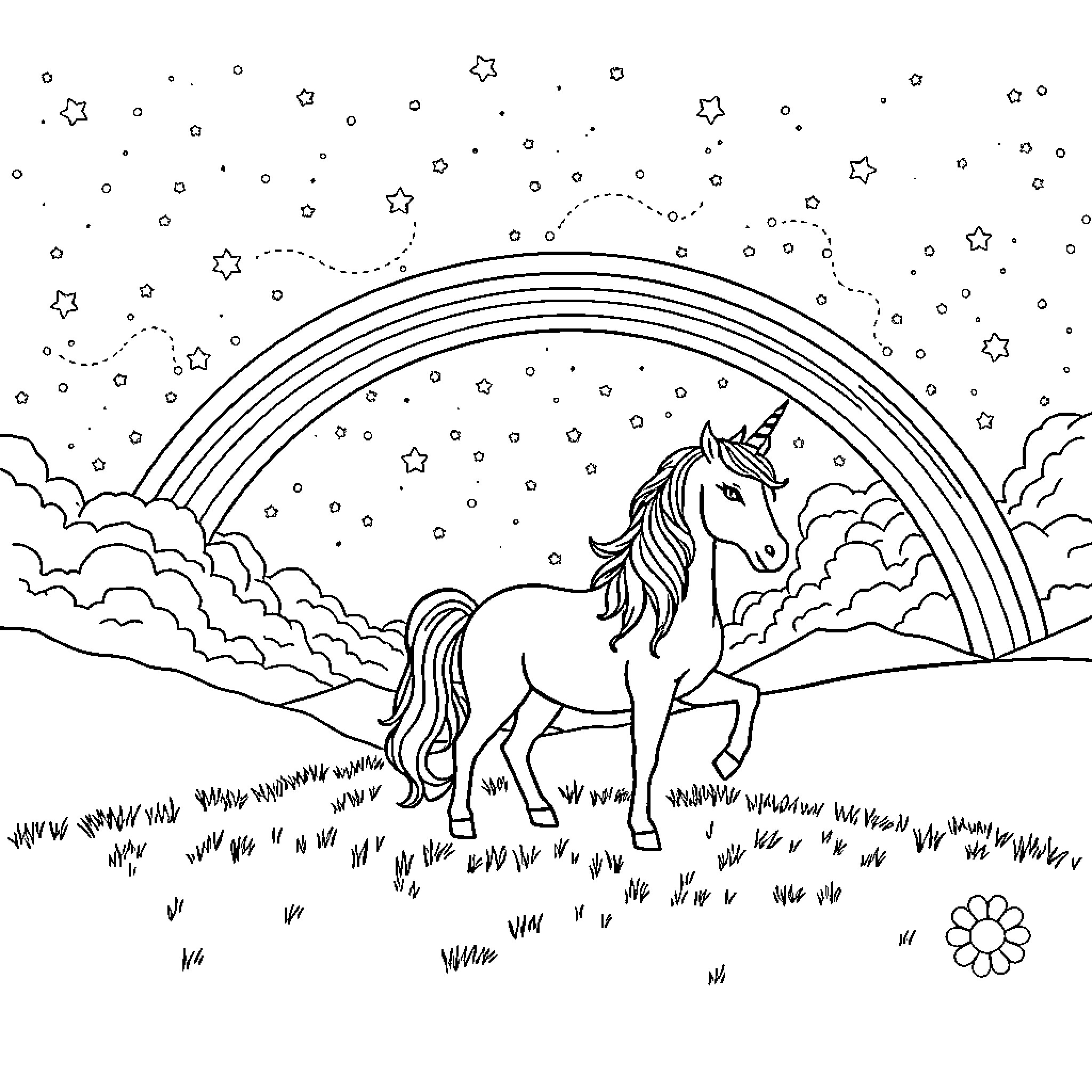 Unicorn standing majestically in a starry night landscape Coloring Page (free black-and-white line drawing printable PDF for all, from beginners to advanced learners, including children, teens, adults, and seniors)