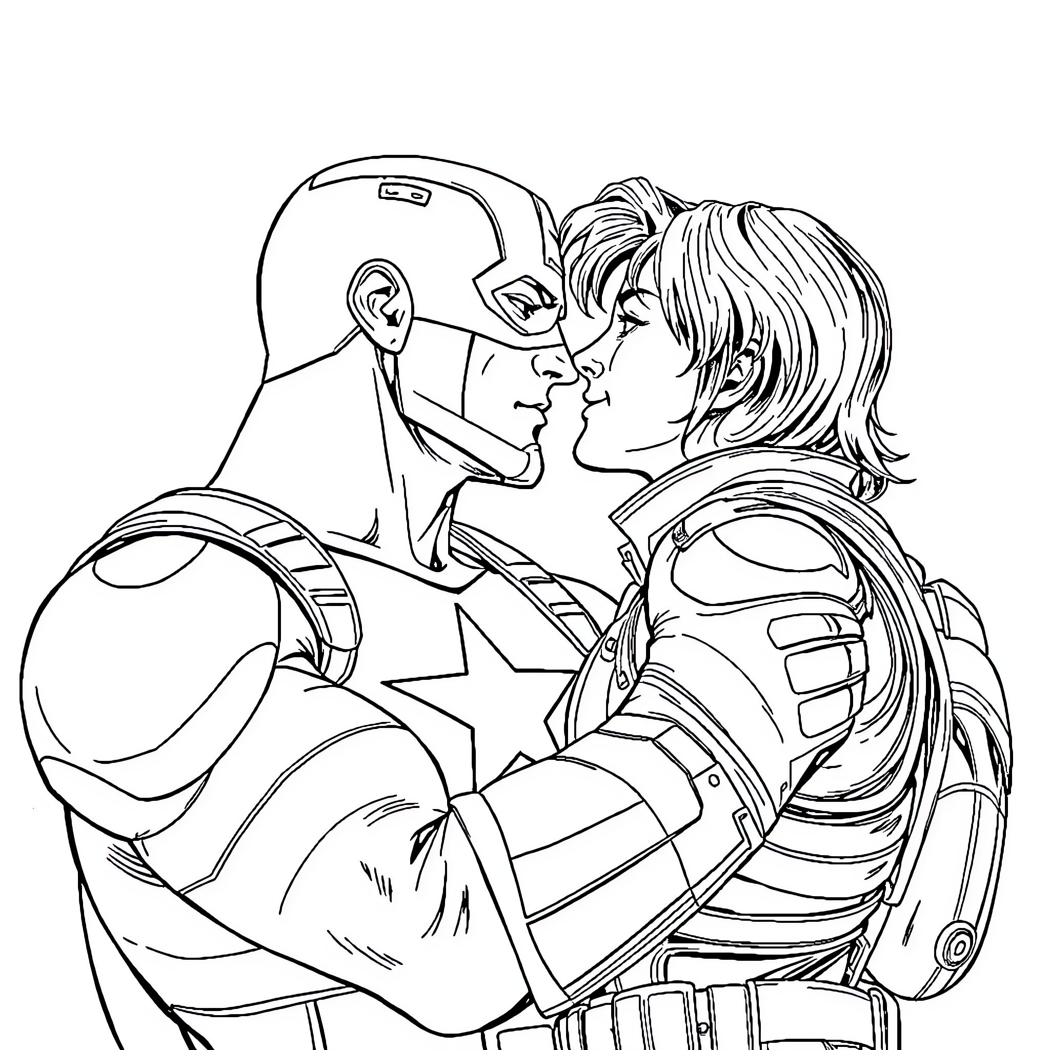 Steve Rogers sharing a tender moment with his loved one Coloring Page (free black-and-white line drawing printable PDF for all, from beginners to advanced learners, including children, teens, adults, and seniors)