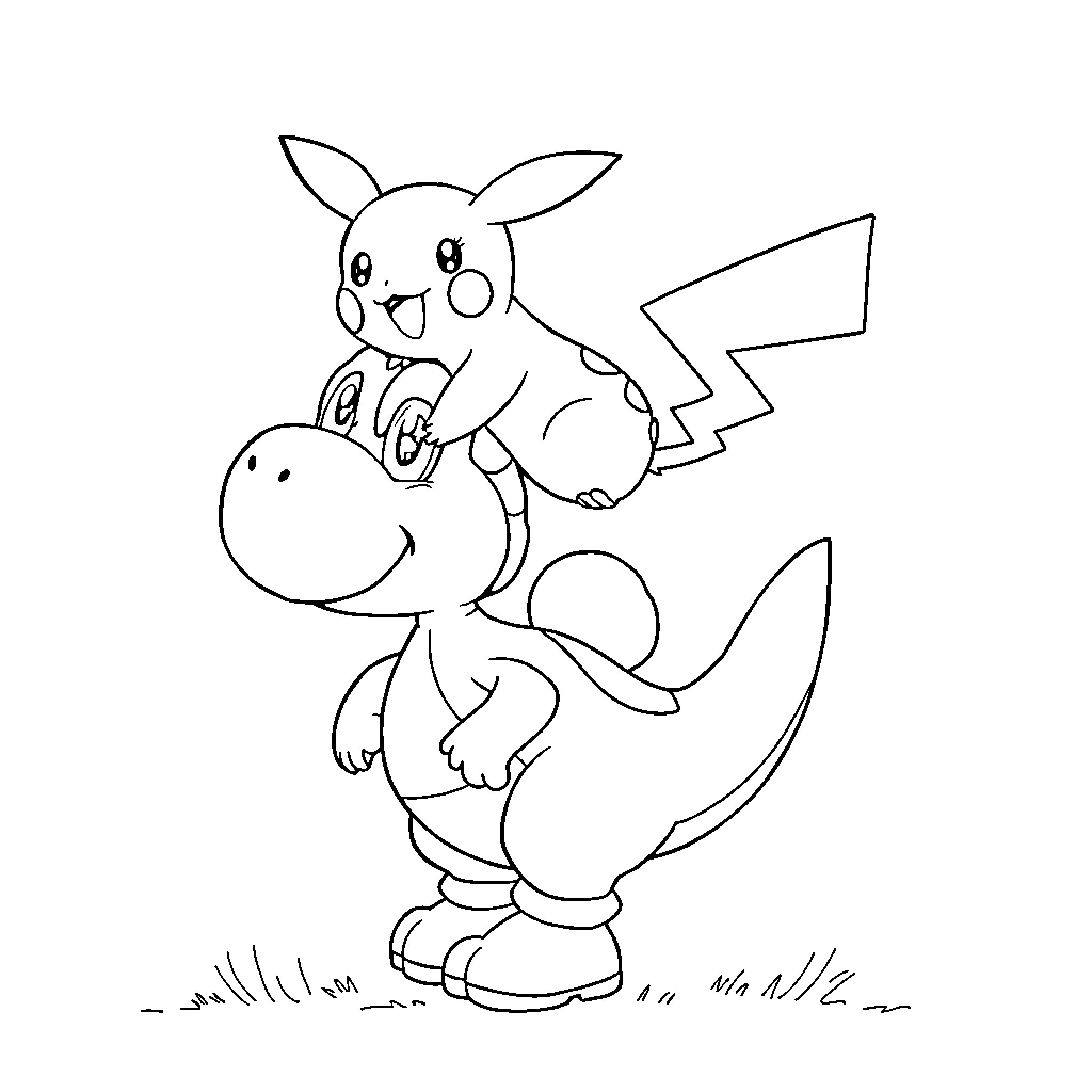 Pikachu riding on the back of a dinosaur Coloring Page (free black-and-white line drawing printable PDF for all, from beginners to advanced learners, including children, teens, adults, and seniors)