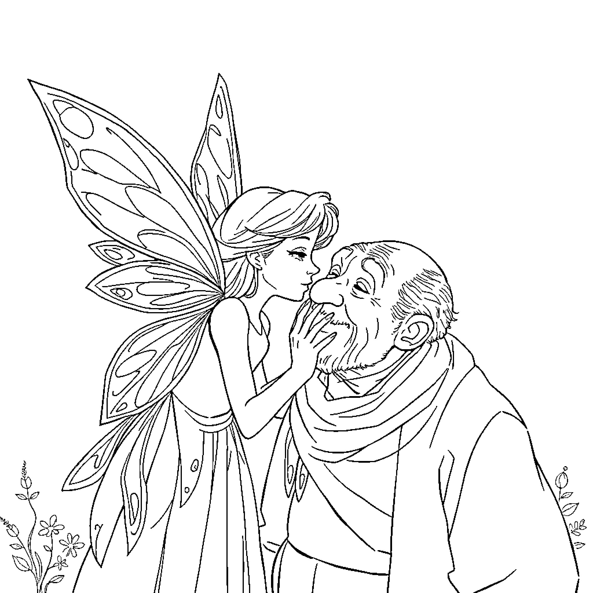 Fairy Embracing Elderly Figure in Affectionate Scene Coloring Page (free black-and-white line drawing printable PDF for all, from beginners to advanced learners, including children, teens, adults, and seniors)