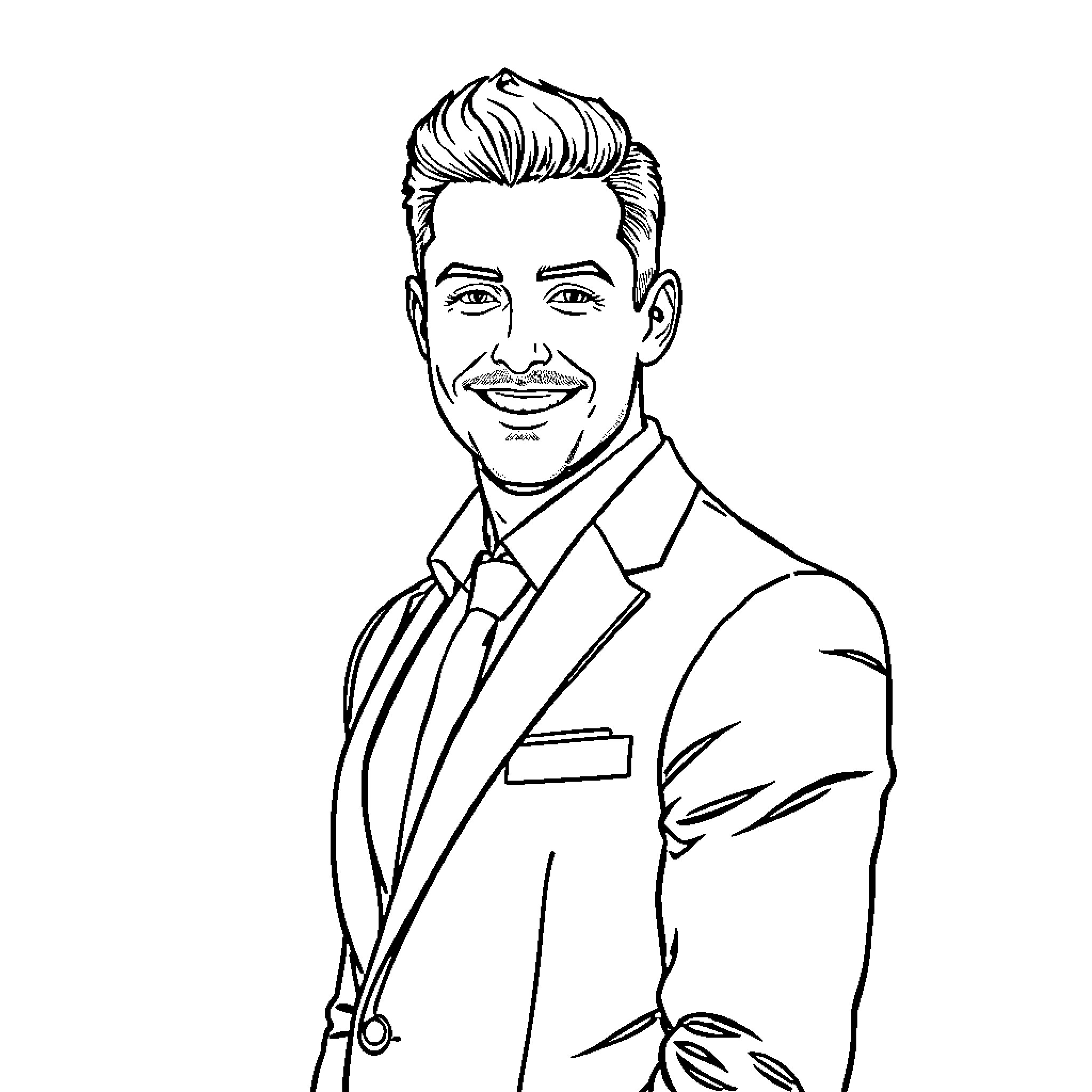 Man in formal attire smiling confidently Coloring Page (free black-and-white line drawing printable PDF for all, from beginners to advanced learners, including children, teens, adults, and seniors)