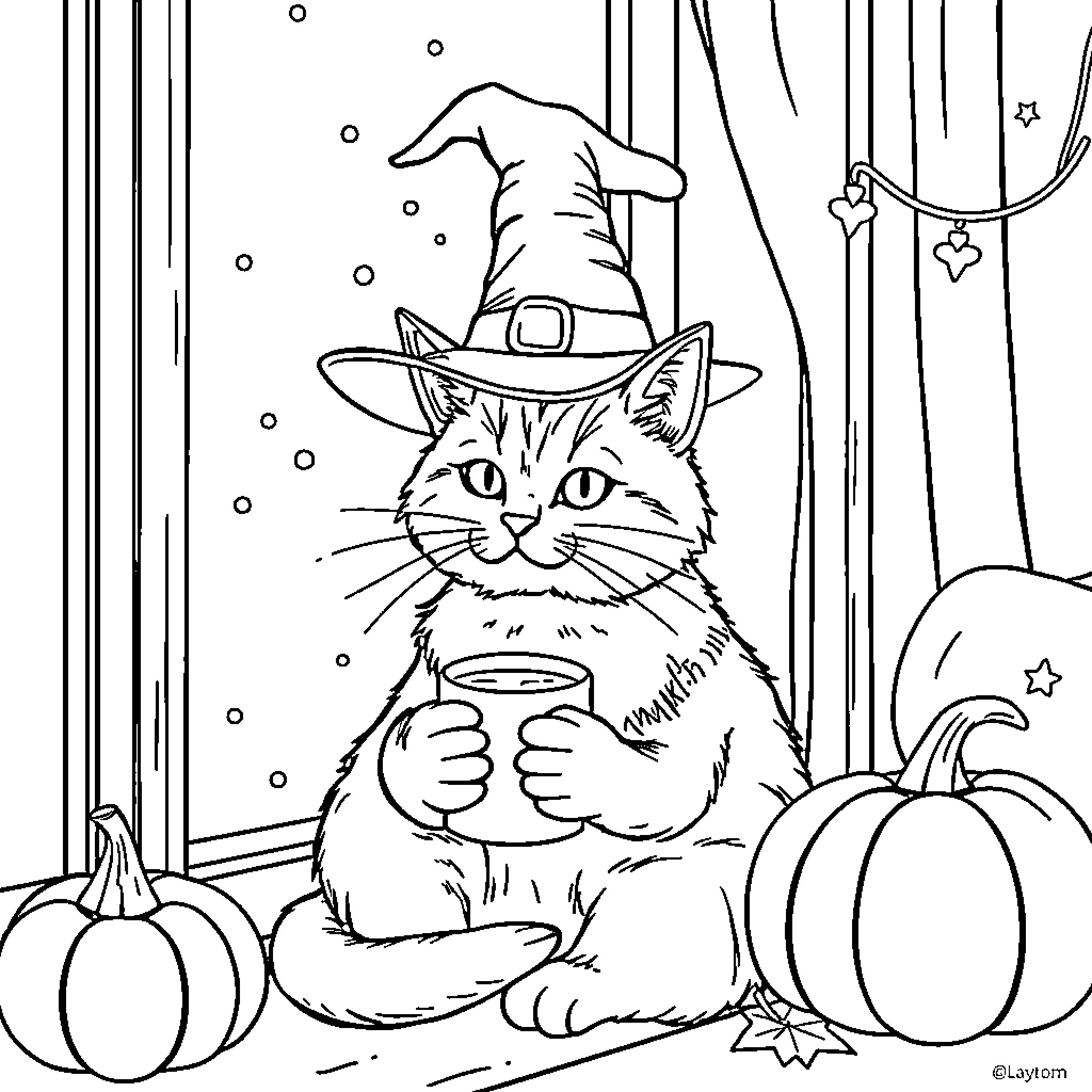 Cat wearing a witch hat with pumpkins Coloring Page (free black-and-white line drawing printable PDF for all, from beginners to advanced learners, including children, teens, adults, and seniors)