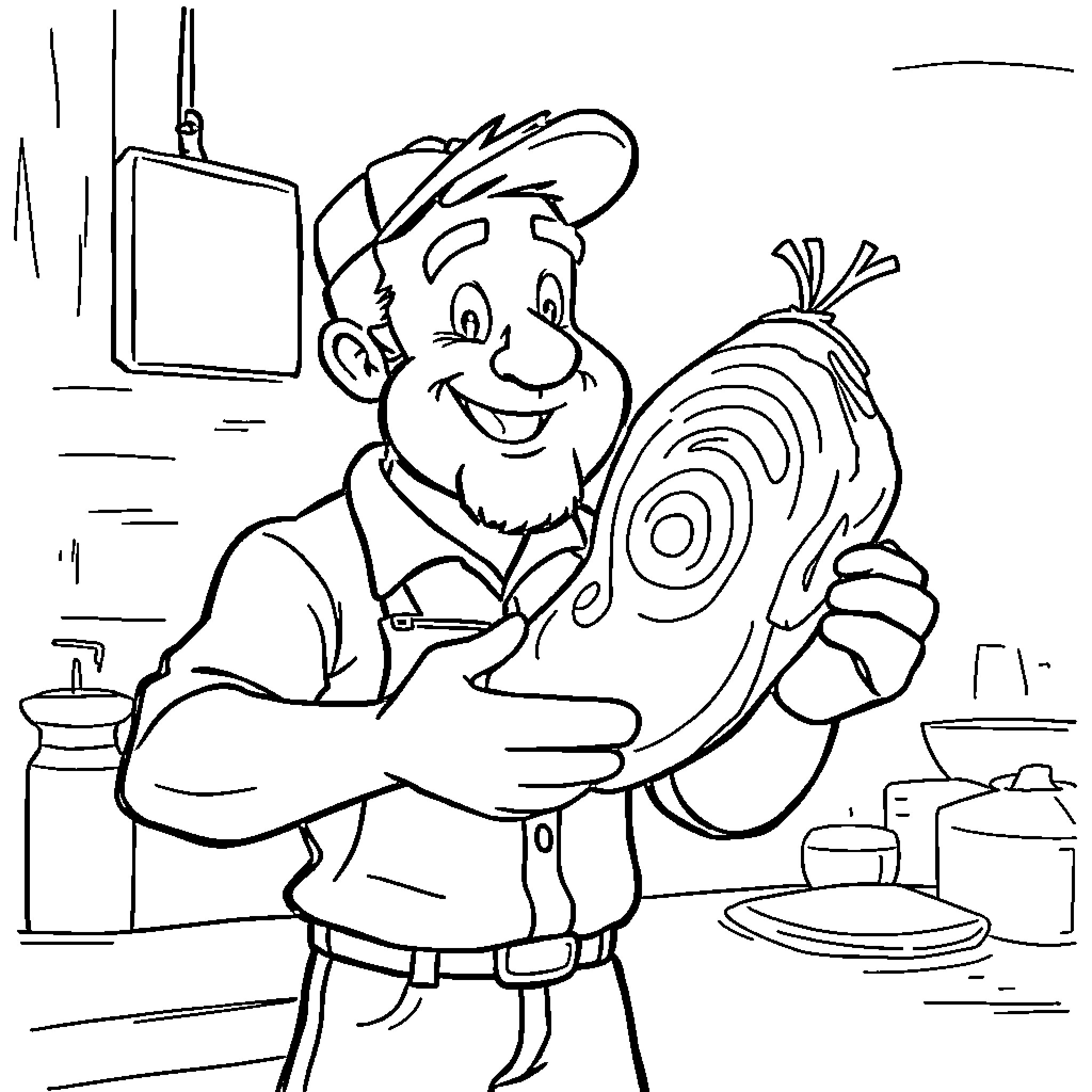 Greg's Cheerful Cooking Endeavors Coloring Page (free black-and-white line drawing printable PDF for all, from beginners to advanced learners, including children, teens, adults, and seniors)