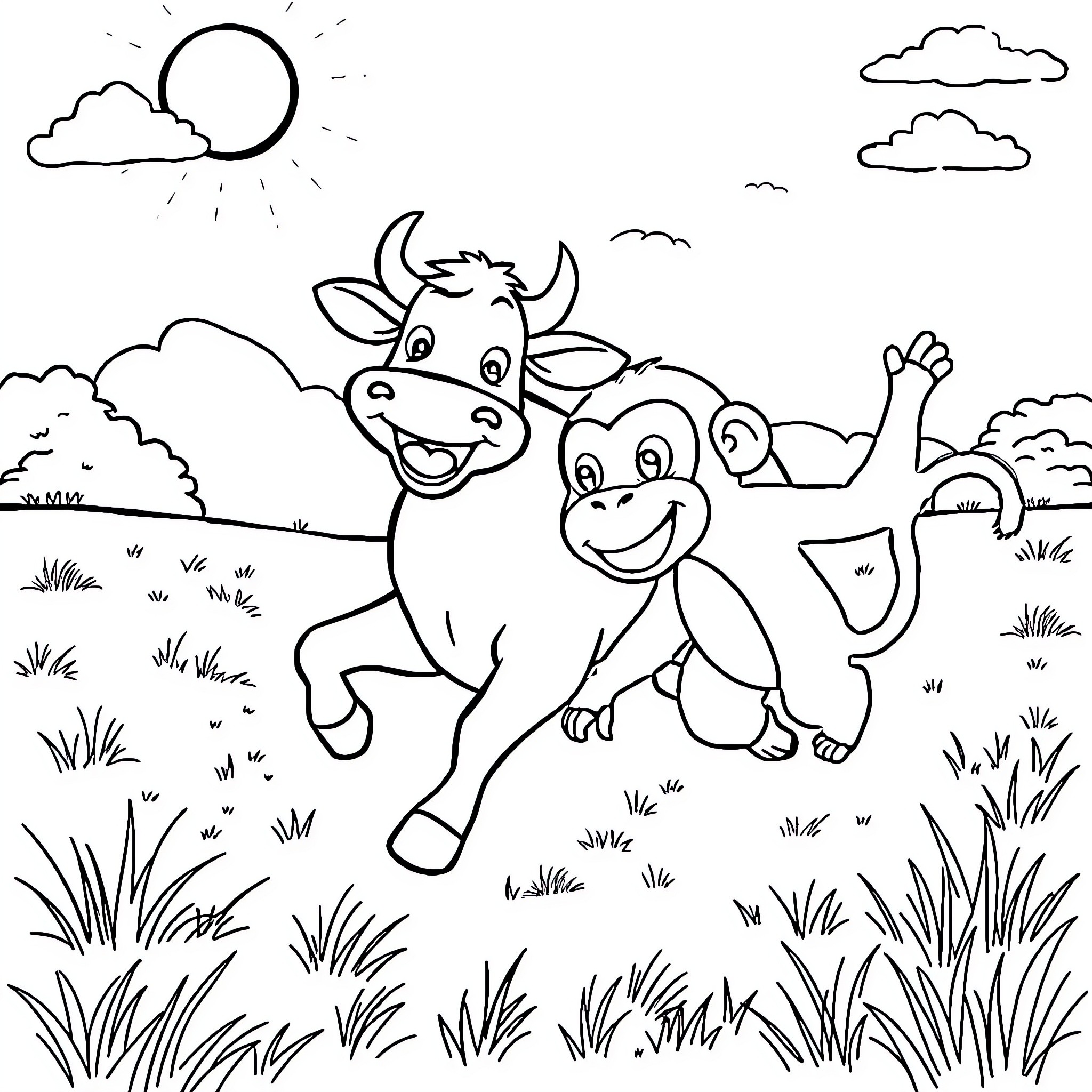 Cow friends playing happily in the field Coloring Page (free black-and-white line drawing printable PDF for all, from beginners to advanced learners, including children, teens, adults, and seniors)