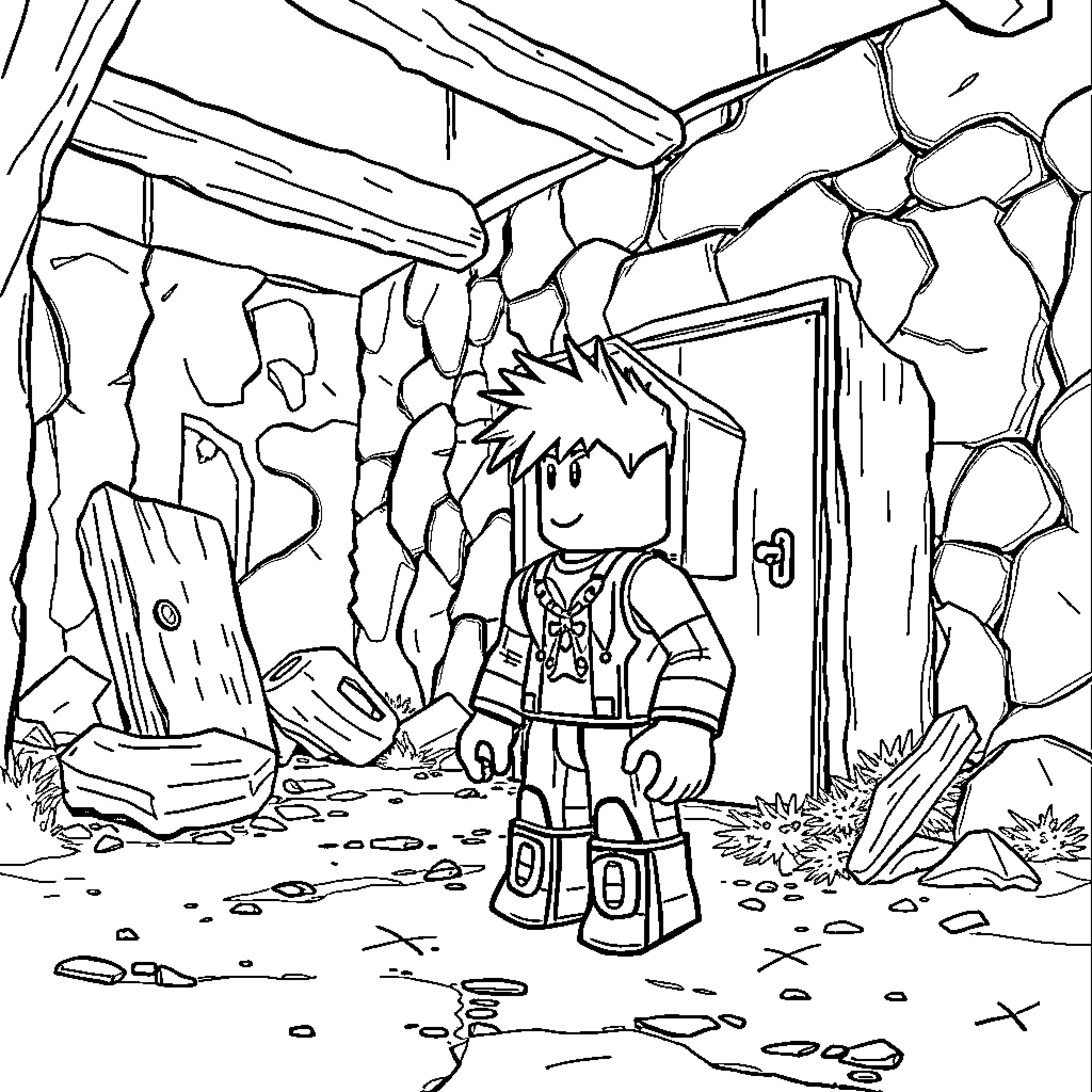 ShedletSky Characters Exploring Rustic Surroundings Coloring Page (free black-and-white line drawing printable PDF for all, from beginners to advanced learners, including children, teens, adults, and seniors)