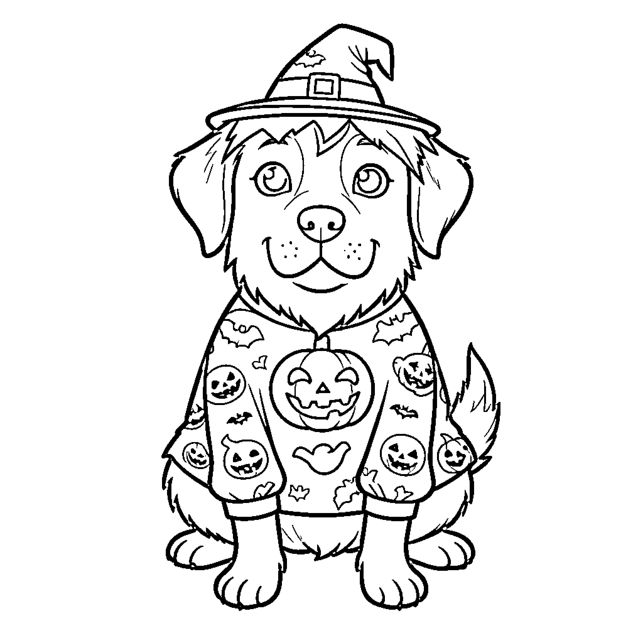 Dog wearing a witch hat and festive sweater Coloring Page (free black-and-white line drawing printable PDF for all, from beginners to advanced learners, including children, teens, adults, and seniors)