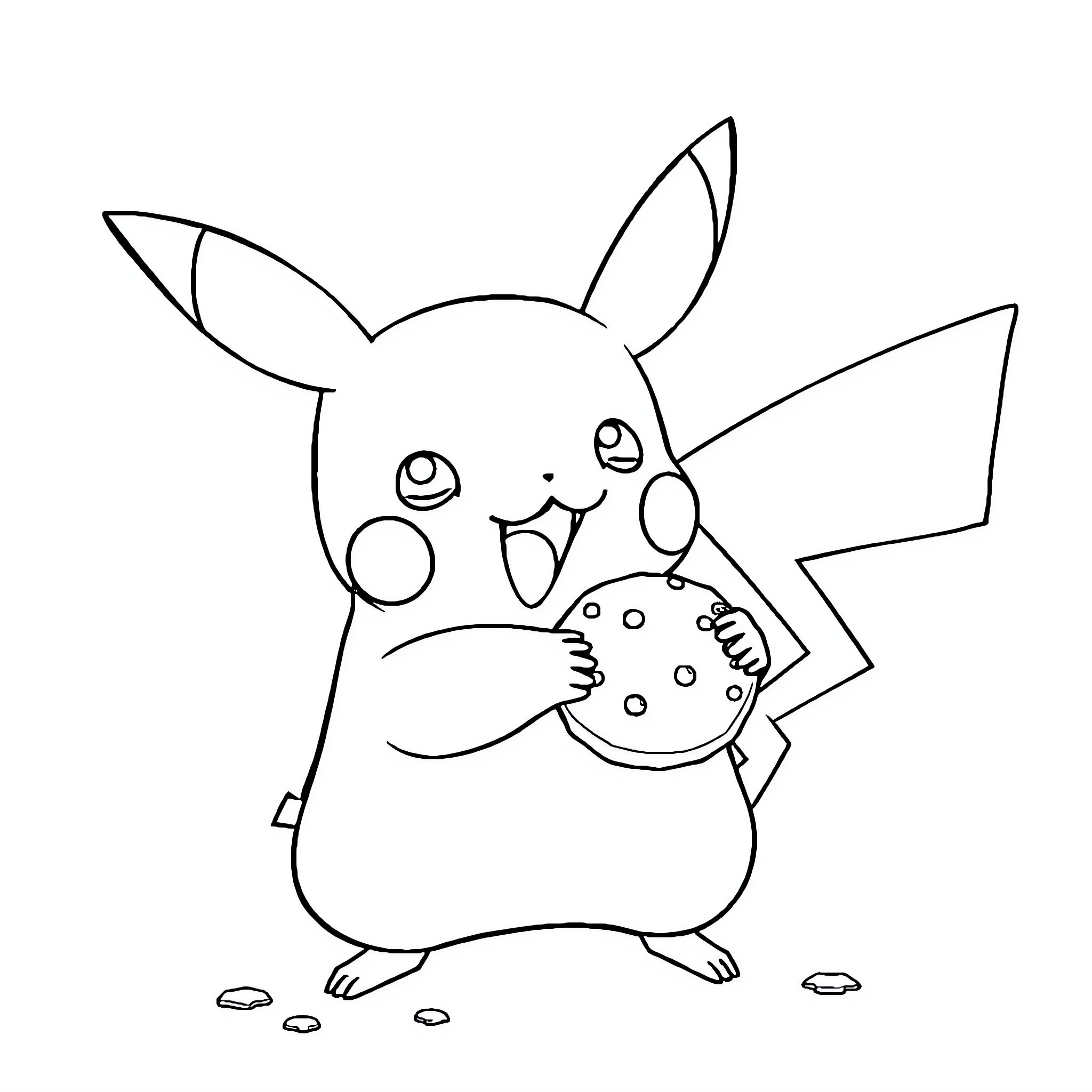 Pikachu enjoying a cookie or snack Coloring Page (free black-and-white line drawing printable PDF for all, from beginners to advanced learners, including children, teens, adults, and seniors)