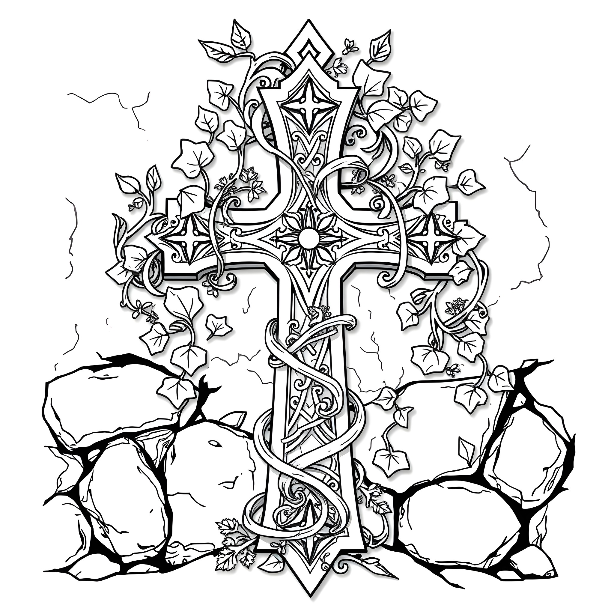 Cross adorned with ornate floral and vine designs Coloring Page (free black-and-white line drawing printable PDF for all, from beginners to advanced learners, including children, teens, adults, and seniors)