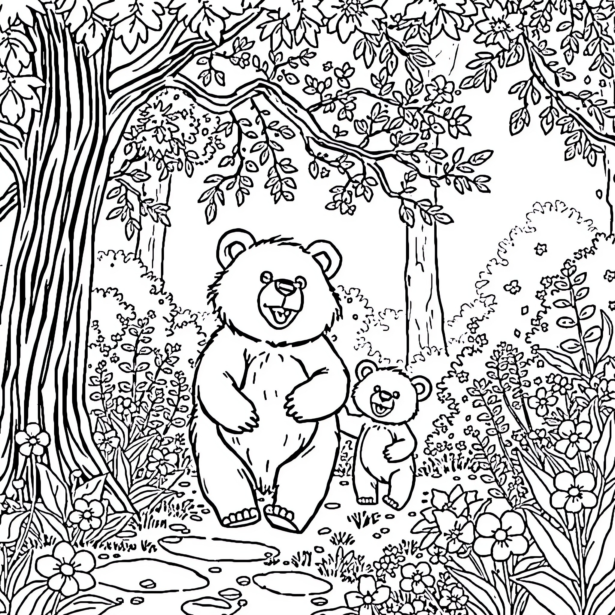Bear friends exploring the enchanted forest Coloring Page (free black-and-white line drawing printable PDF for all, from beginners to advanced learners, including children, teens, adults, and seniors)