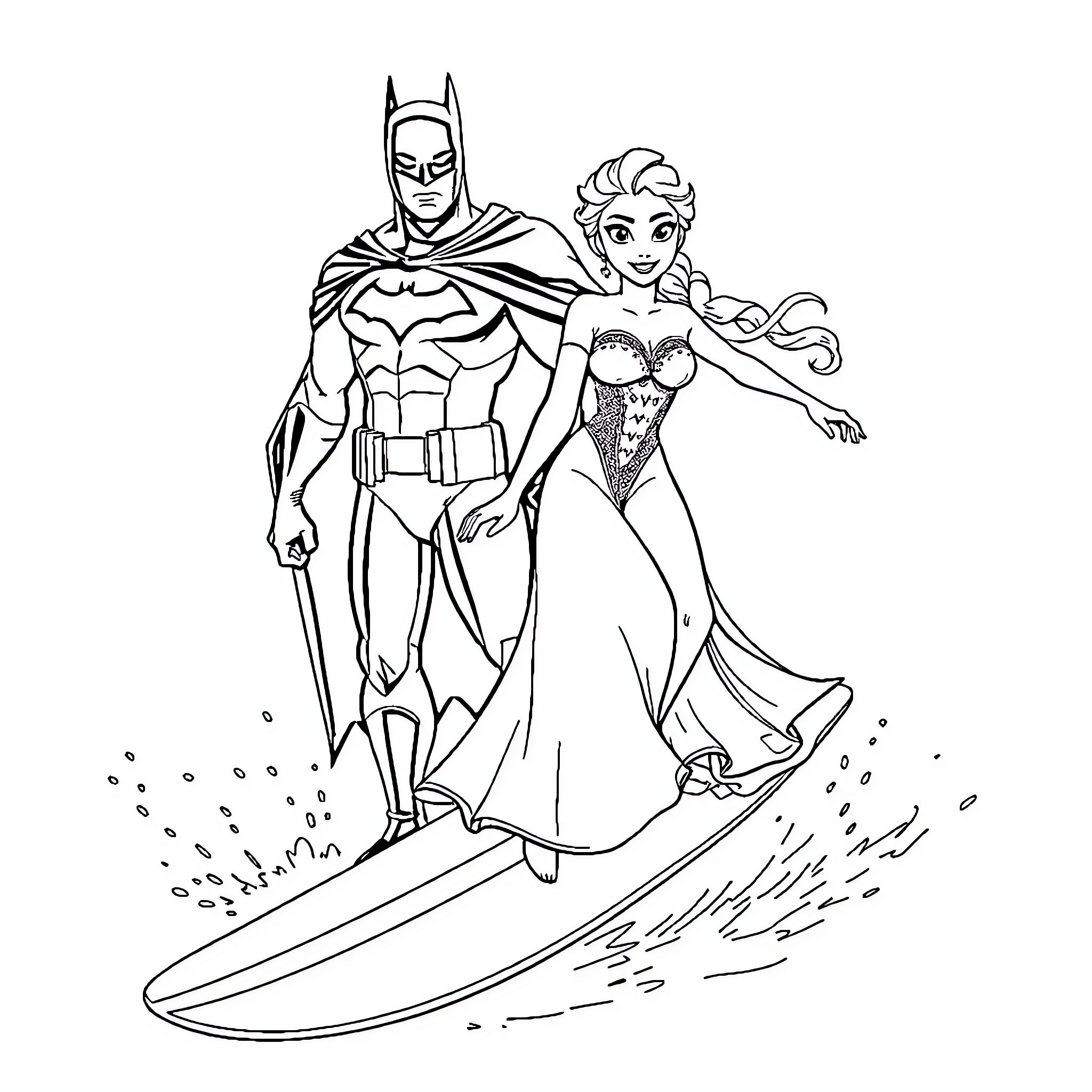 Elsa and Batman riding a surfboard together Coloring Page (free black-and-white line drawing printable PDF for all, from beginners to advanced learners, including children, teens, adults, and seniors)