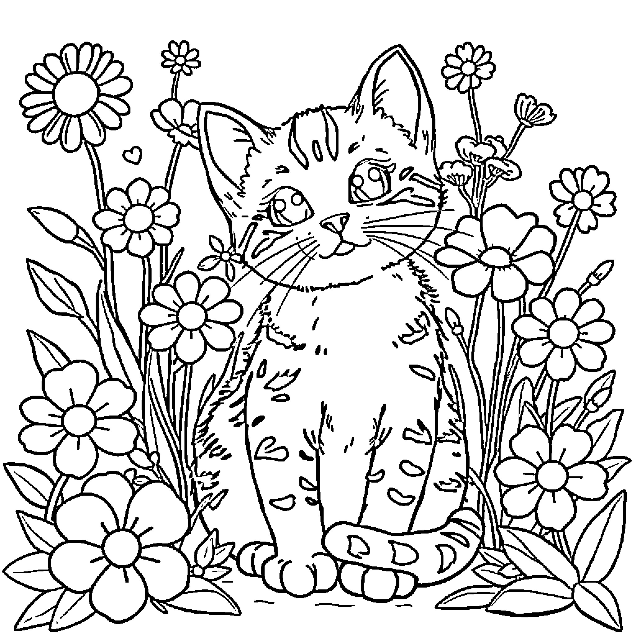 Cat among whimsical flowers Coloring Page (free black-and-white line drawing printable PDF for all, from beginners to advanced learners, including children, teens, adults, and seniors)