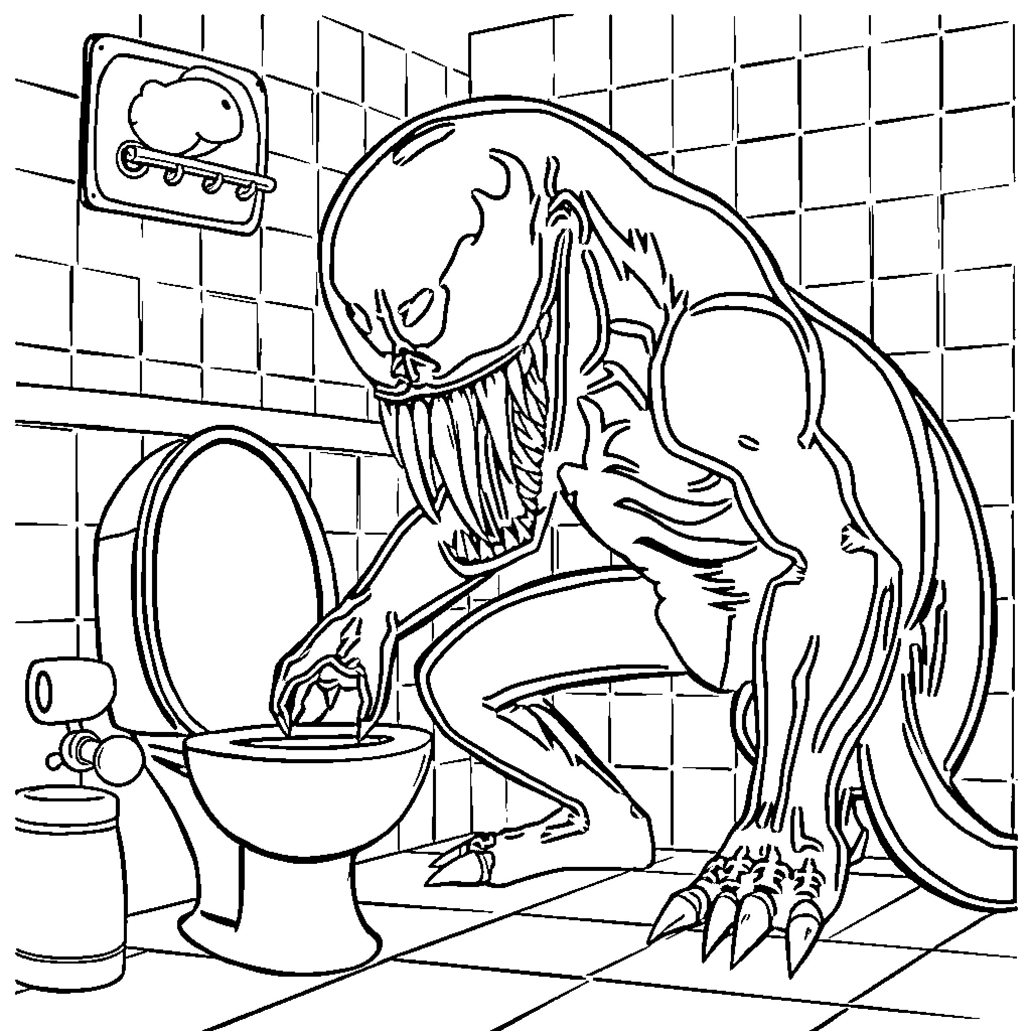 Venom menacing figure in bathroom setting Coloring Page (free black-and-white line drawing printable PDF for all, from beginners to advanced learners, including children, teens, adults, and seniors)
