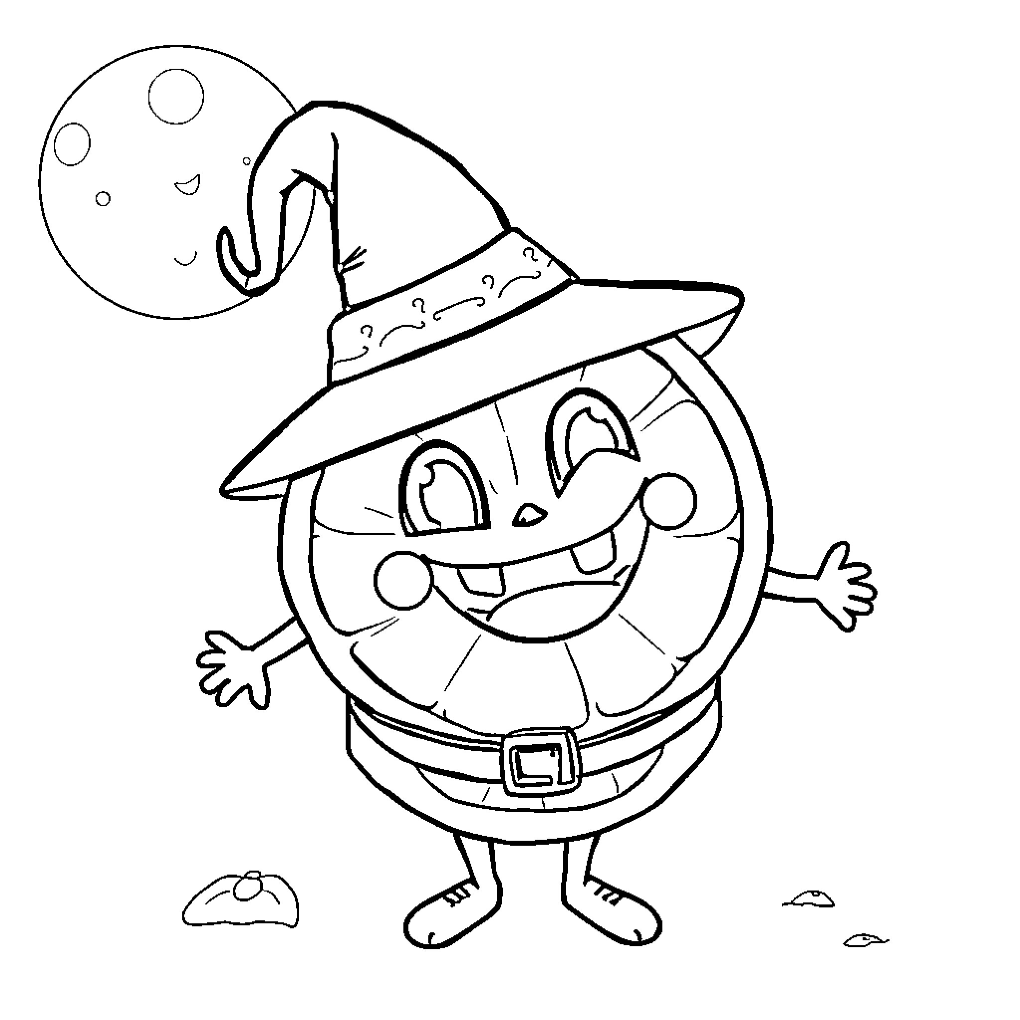 Orange Witch Waving in the Moonlight Coloring Page (free black-and-white line drawing printable PDF for all, from beginners to advanced learners, including children, teens, adults, and seniors)