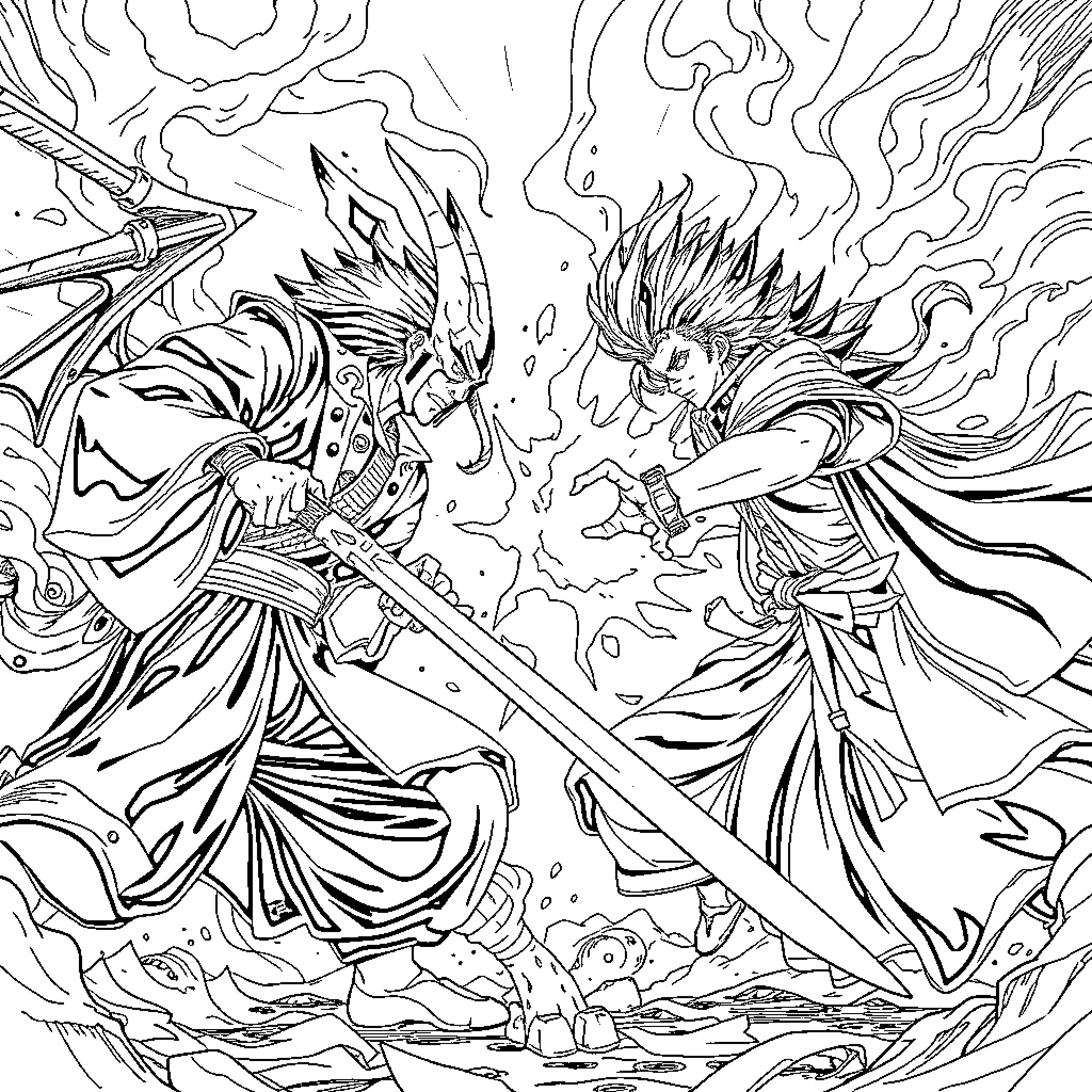 Demonslayer: Intense Battle of Supernatural Warriors Coloring Page (free black-and-white line drawing printable PDF for all, from beginners to advanced learners, including children, teens, adults, and seniors)