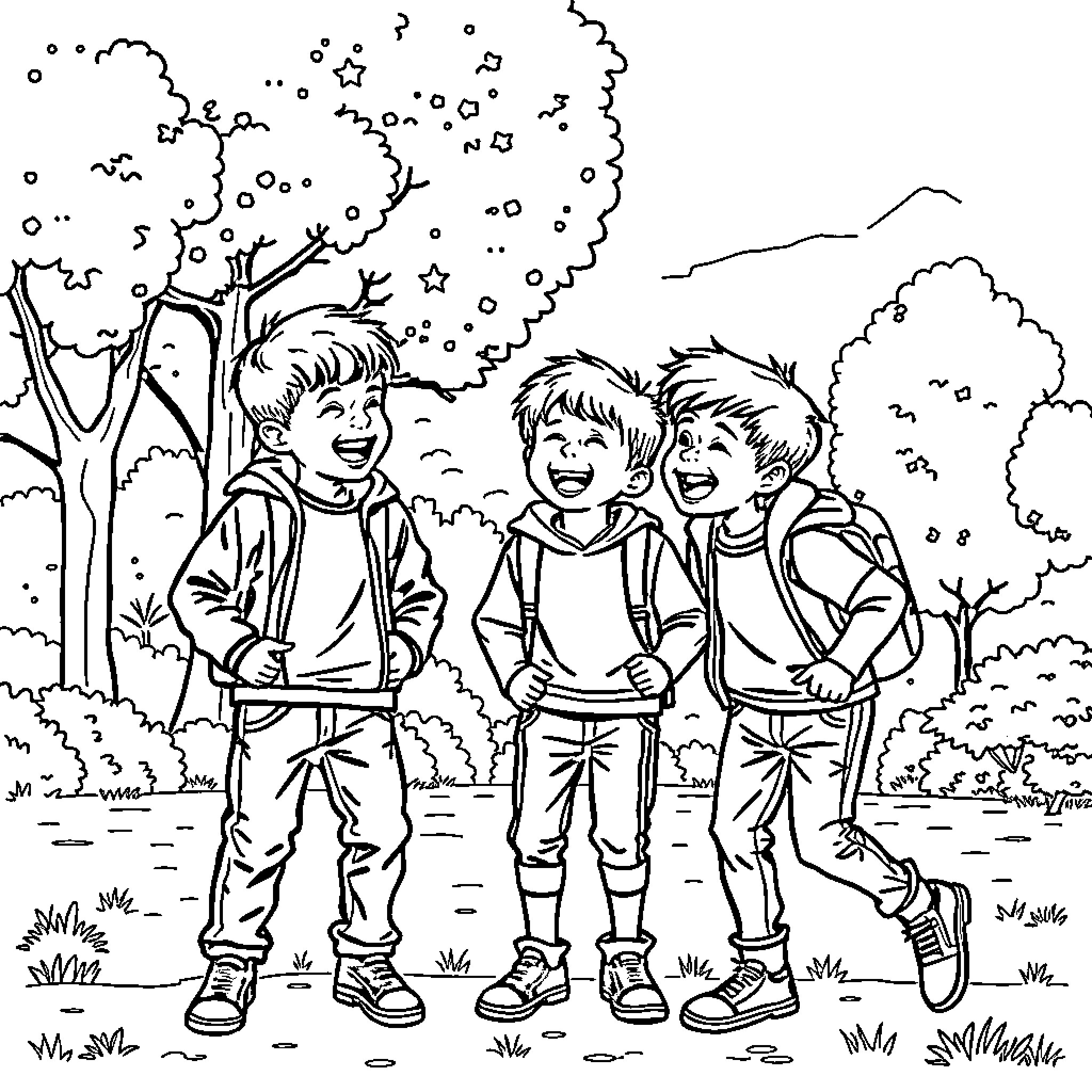 Boy friends playing outdoors in nature Coloring Page (free black-and-white line drawing printable PDF for all, from beginners to advanced learners, including children, teens, adults, and seniors)