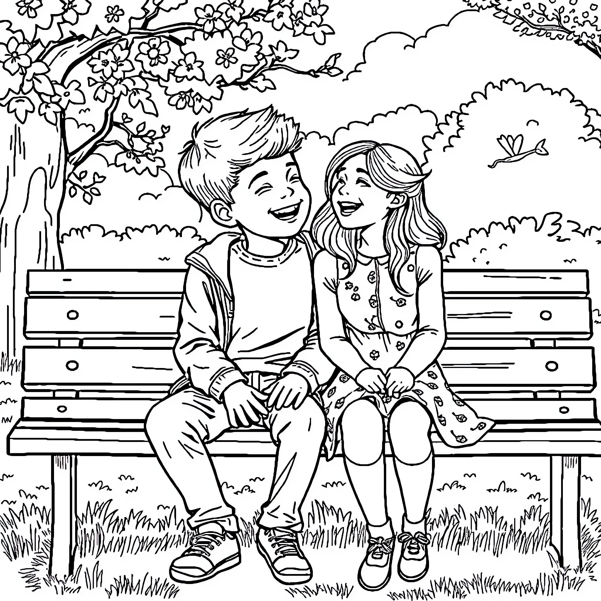 Girl and Boy Enjoying Springtime on a Park Bench Coloring Page (free black-and-white line drawing printable PDF for all, from beginners to advanced learners, including children, teens, adults, and seniors)