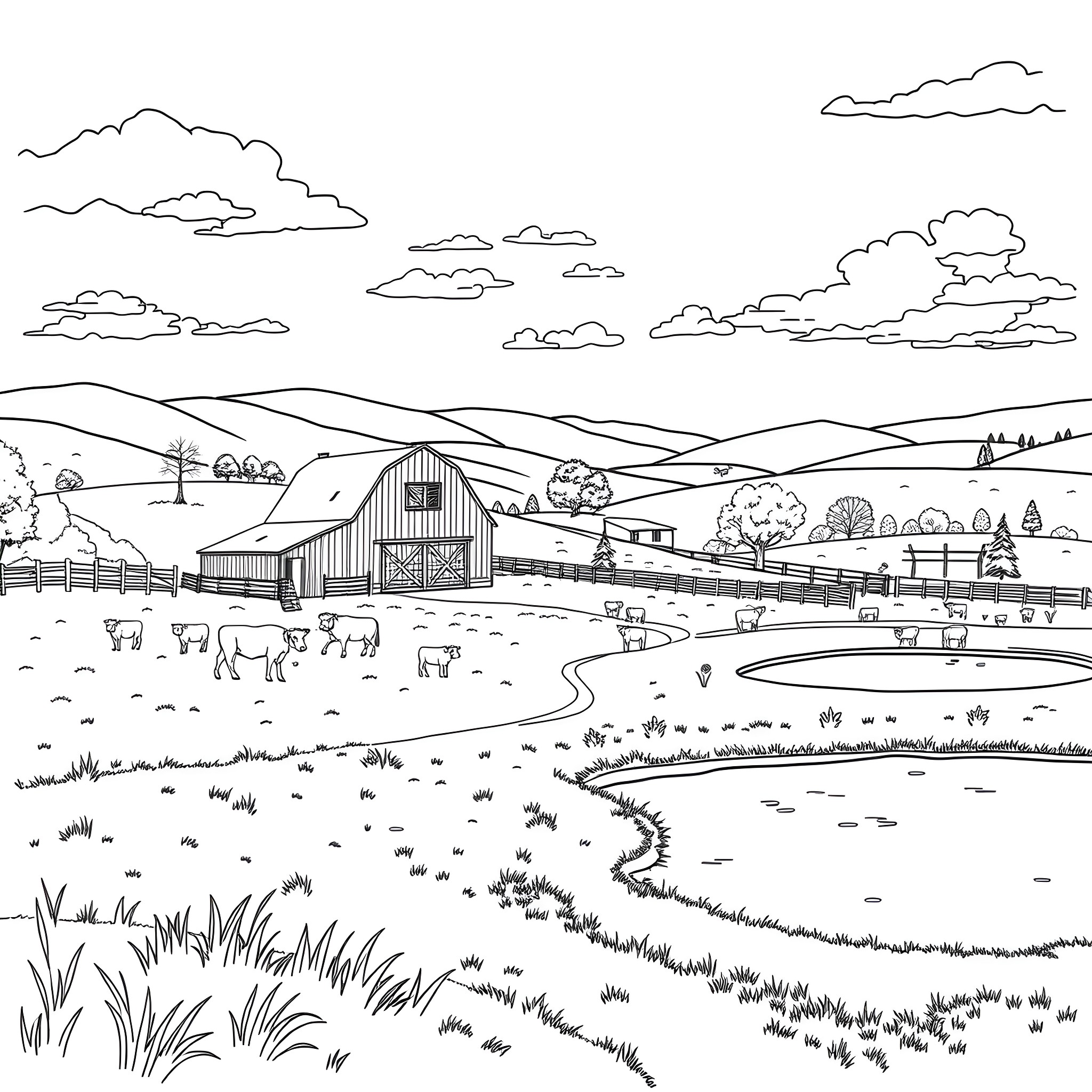 Grange farm scene with barn and animals Coloring Page (free black-and-white line drawing printable PDF for all, from beginners to advanced learners, including children, teens, adults, and seniors)