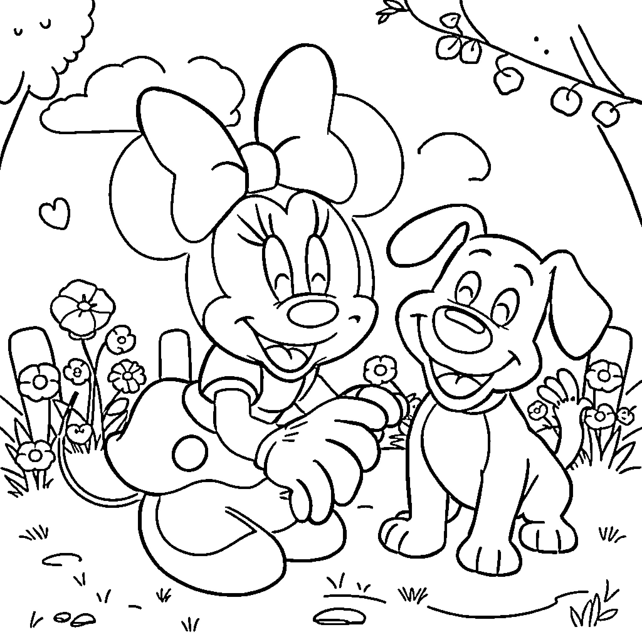 Minnie Mouse and Dog Playing in Flowery Garden Coloring Page (free black-and-white line drawing printable PDF for all, from beginners to advanced learners, including children, teens, adults, and seniors)