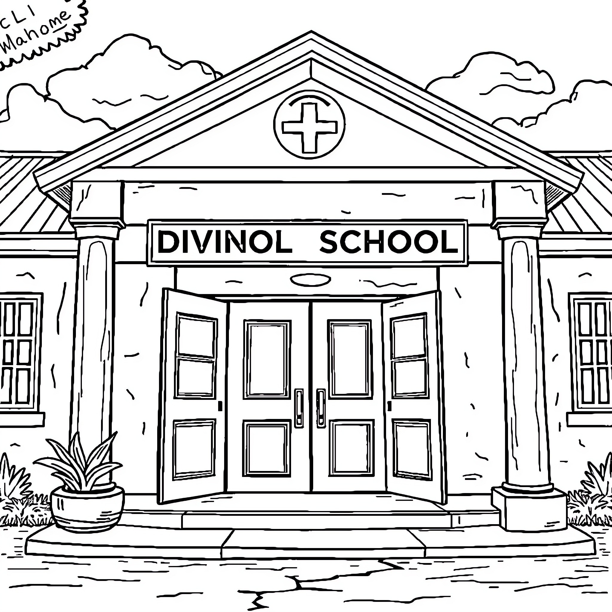 School Door with Entrance to Divinol School Coloring Page (free black-and-white line drawing printable PDF for all, from beginners to advanced learners, including children, teens, adults, and seniors)