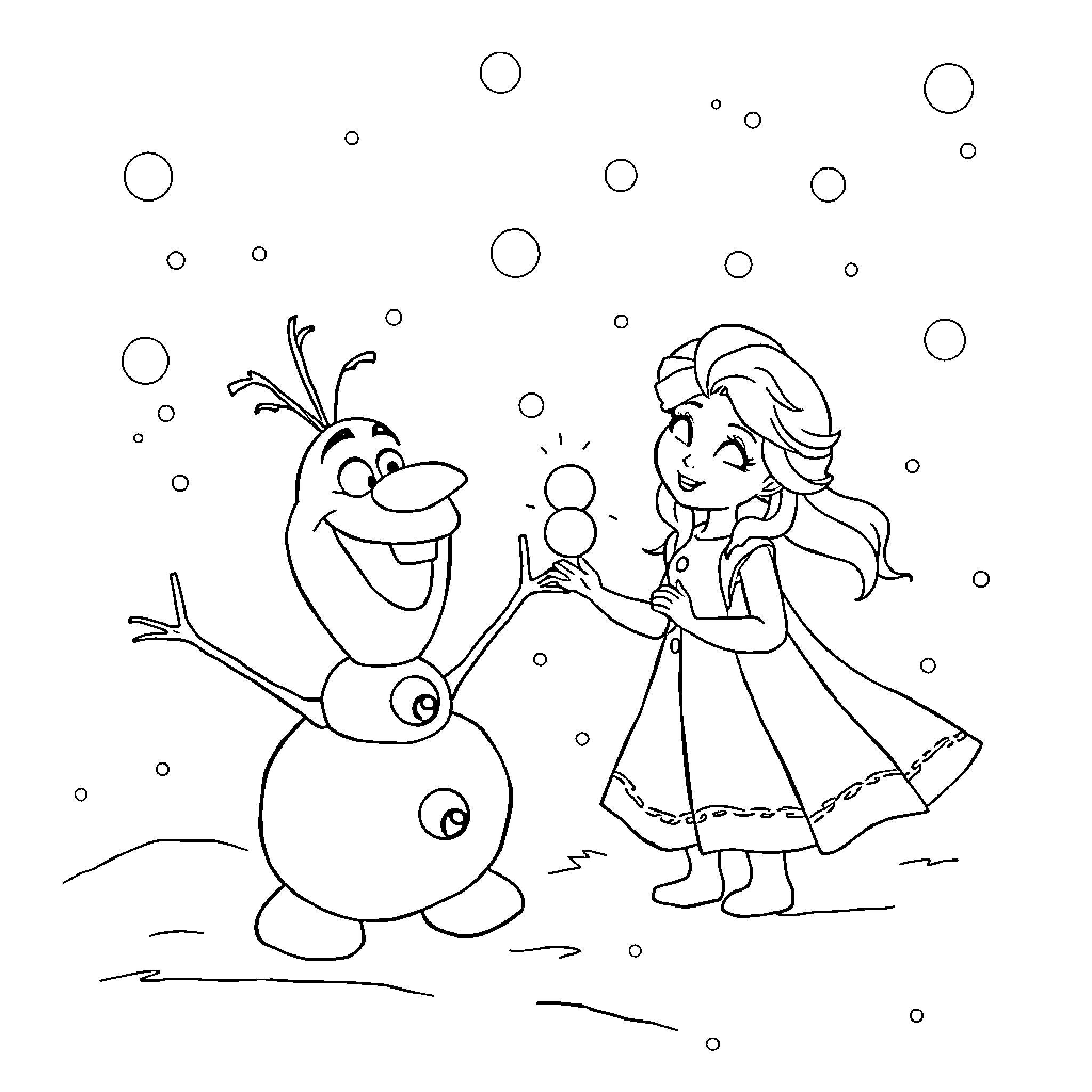 Olaf playing with a girl in the snow Coloring Page (free black-and-white line drawing printable PDF for all, from beginners to advanced learners, including children, teens, adults, and seniors)