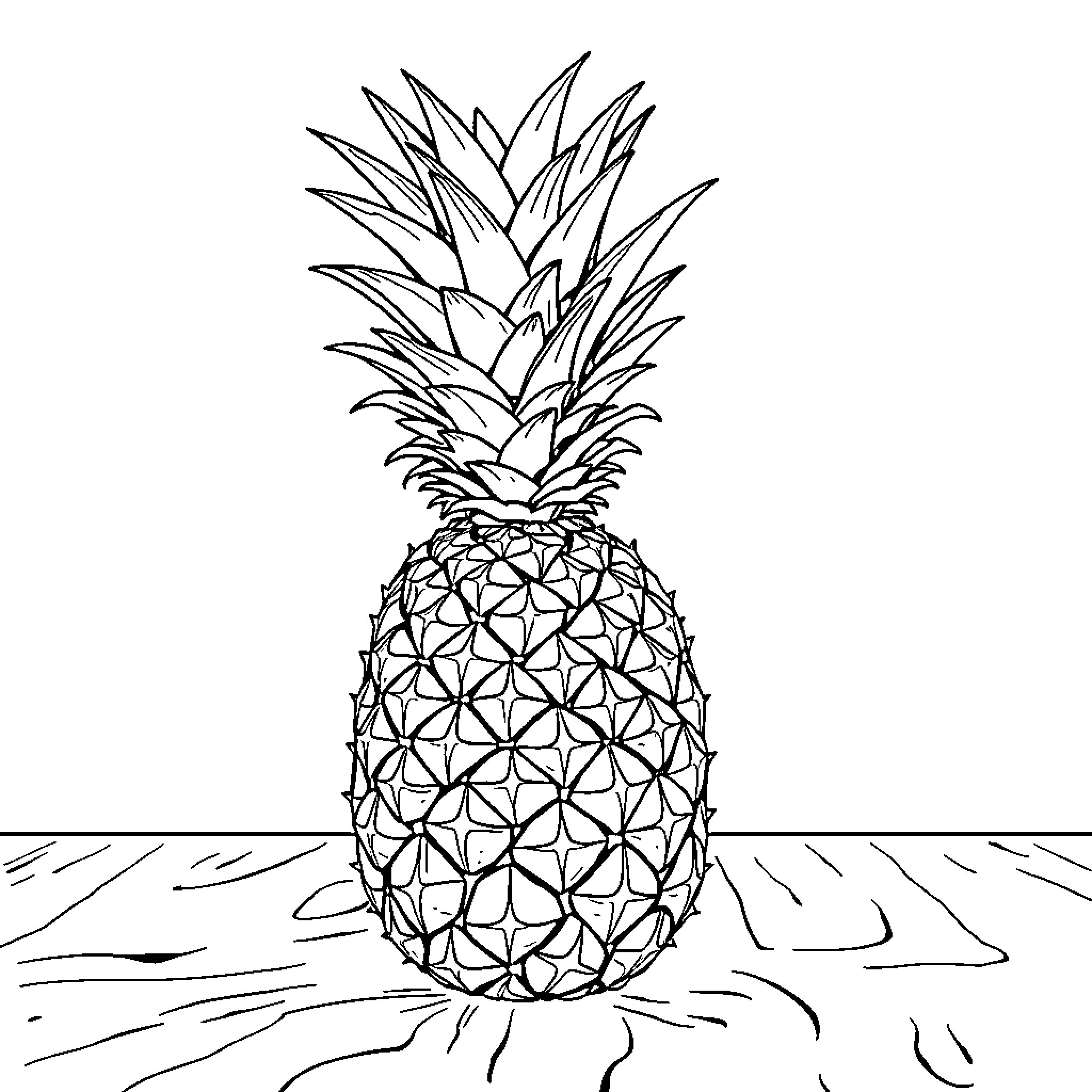 Pineapple standing tall on wooden surface Coloring Page (free black-and-white line drawing printable PDF for all, from beginners to advanced learners, including children, teens, adults, and seniors)