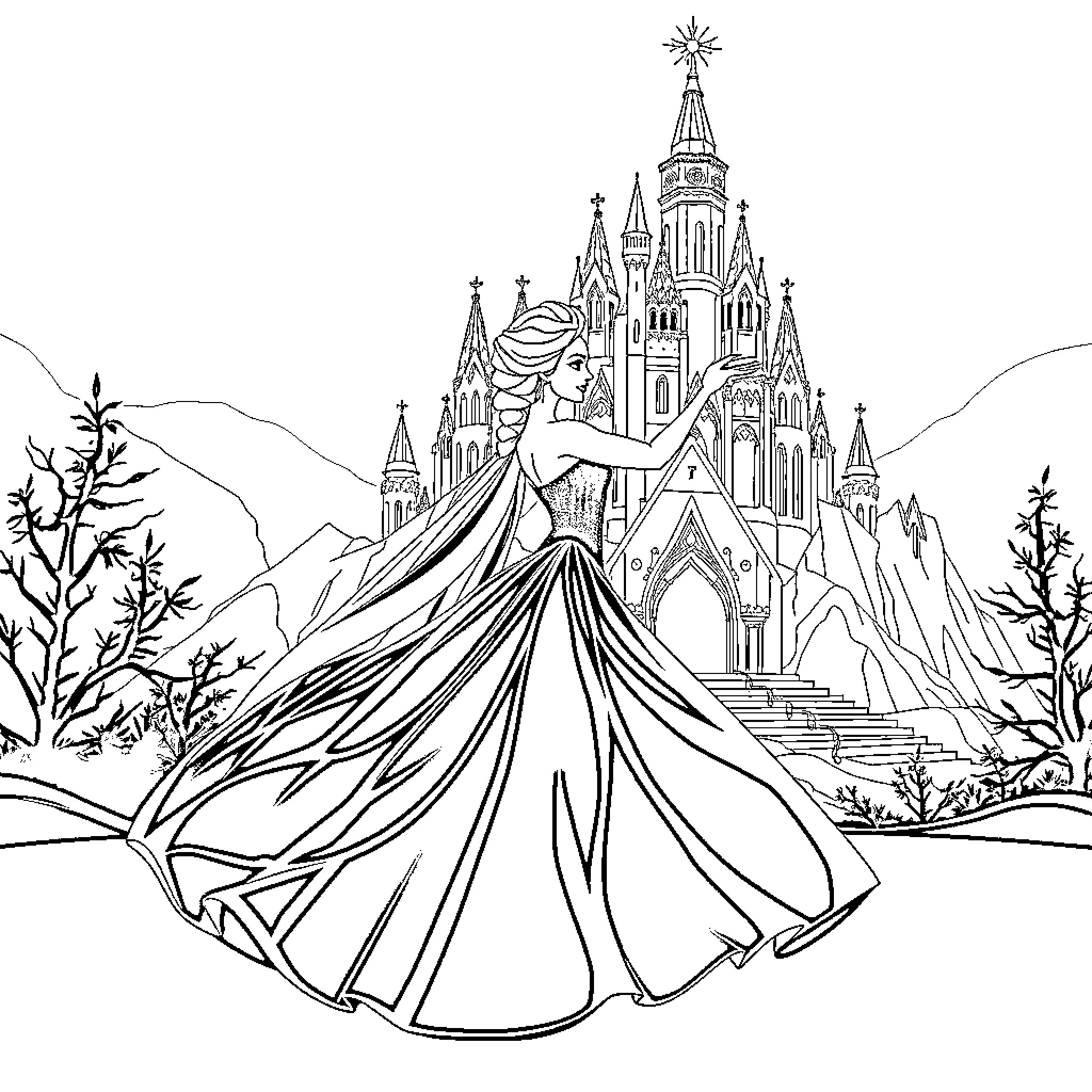 Elsa's Enchanting Castle Adventure Coloring Page (free black-and-white line drawing printable PDF for all, from beginners to advanced learners, including children, teens, adults, and seniors)