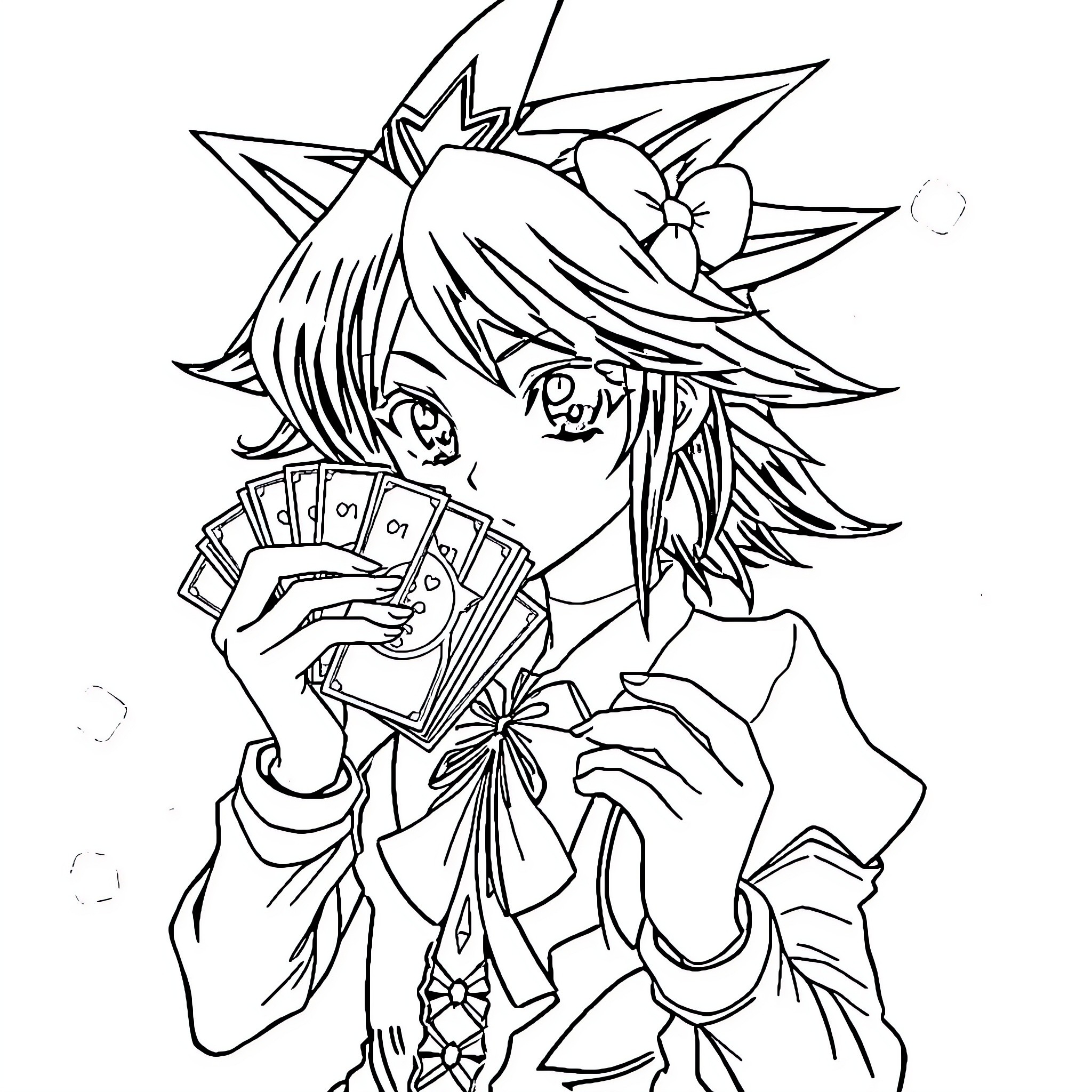 Yugioh Character Playing Card Game with Confident Expression Coloring Page (free black-and-white line drawing printable PDF for all, from beginners to advanced learners, including children, teens, adults, and seniors)
