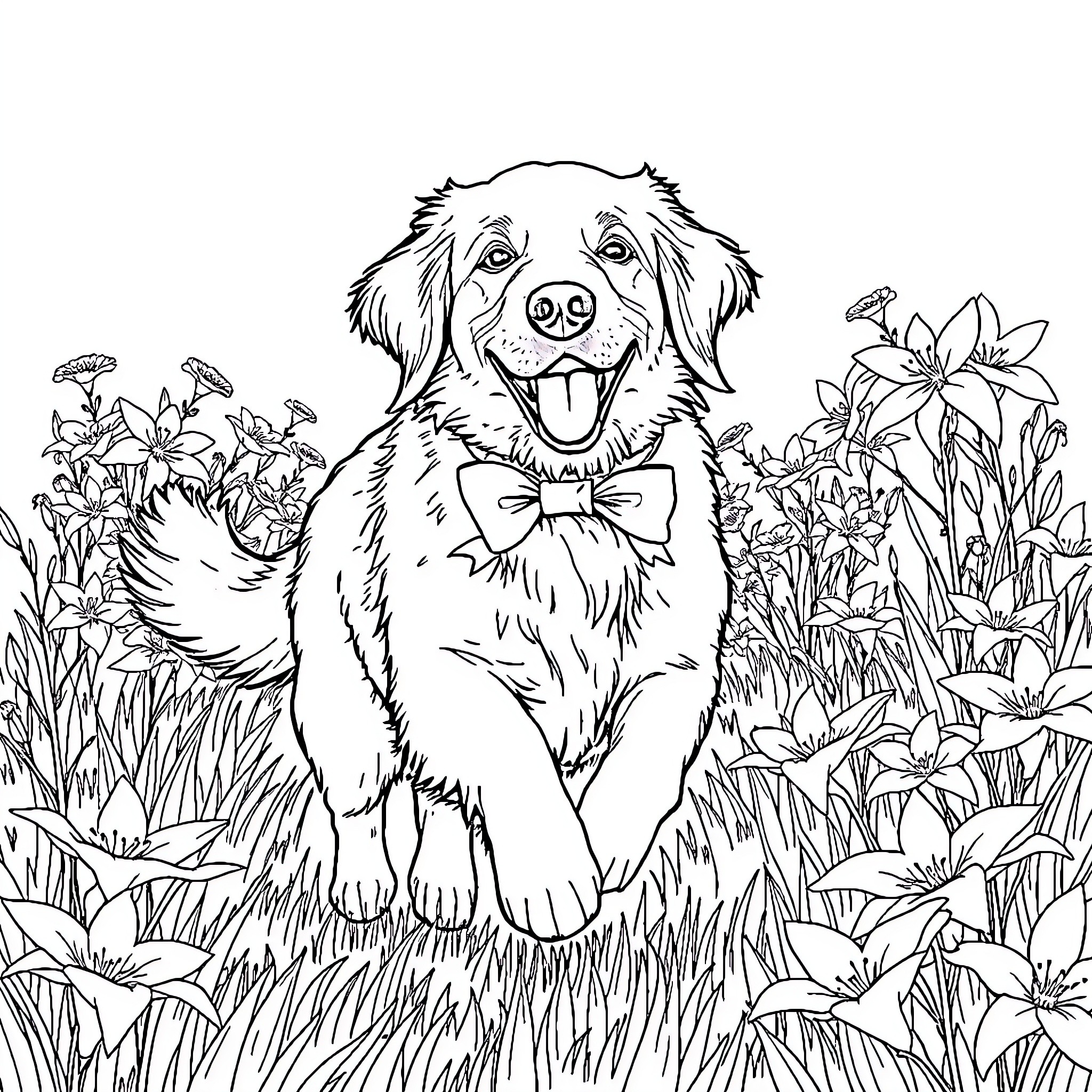 Golden Retriever smiling in a floral field Coloring Page (free black-and-white line drawing printable PDF for all, from beginners to advanced learners, including children, teens, adults, and seniors)