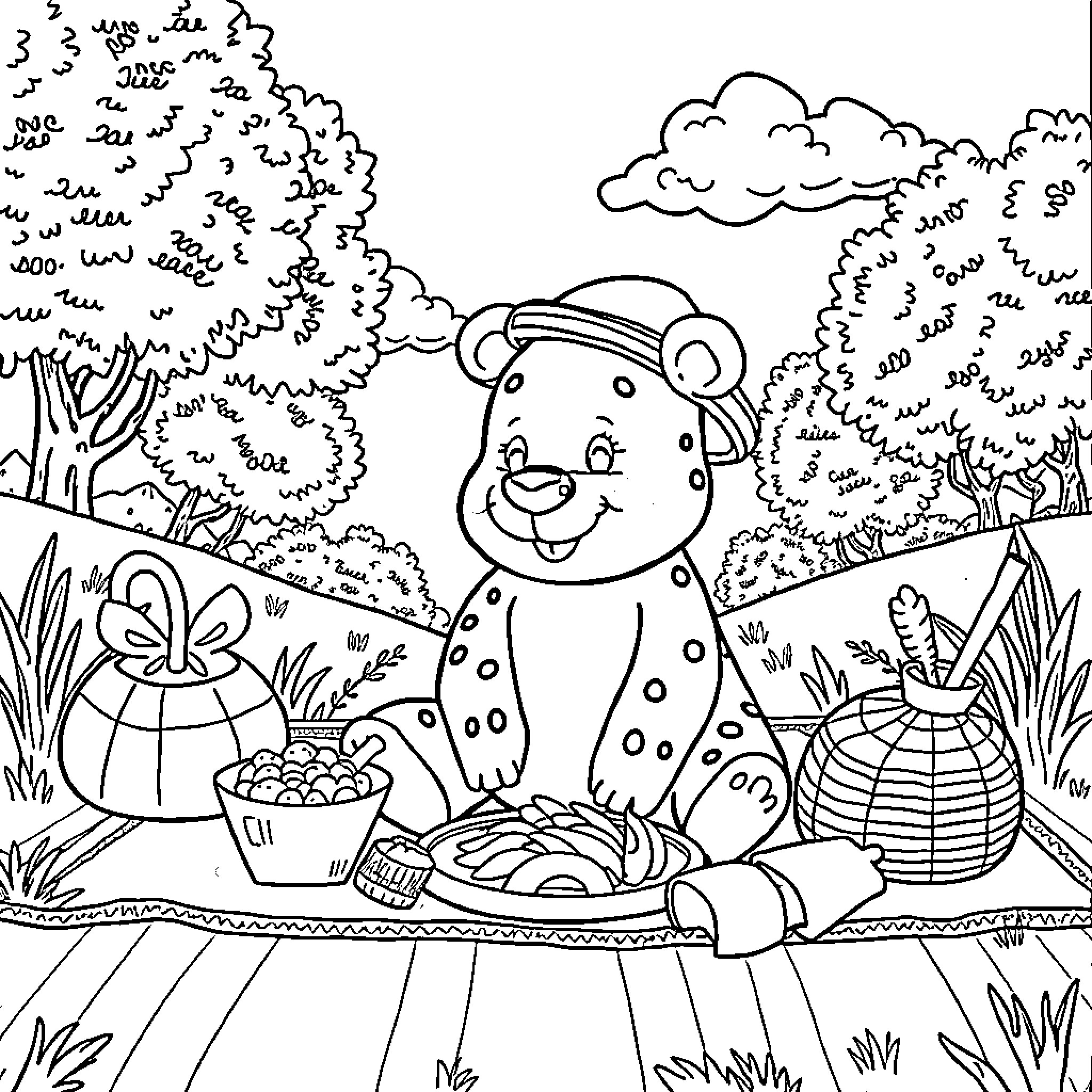 Labubu enjoys a day in the nature Coloring Page (free black-and-white line drawing printable PDF for all, from beginners to advanced learners, including children, teens, adults, and seniors)