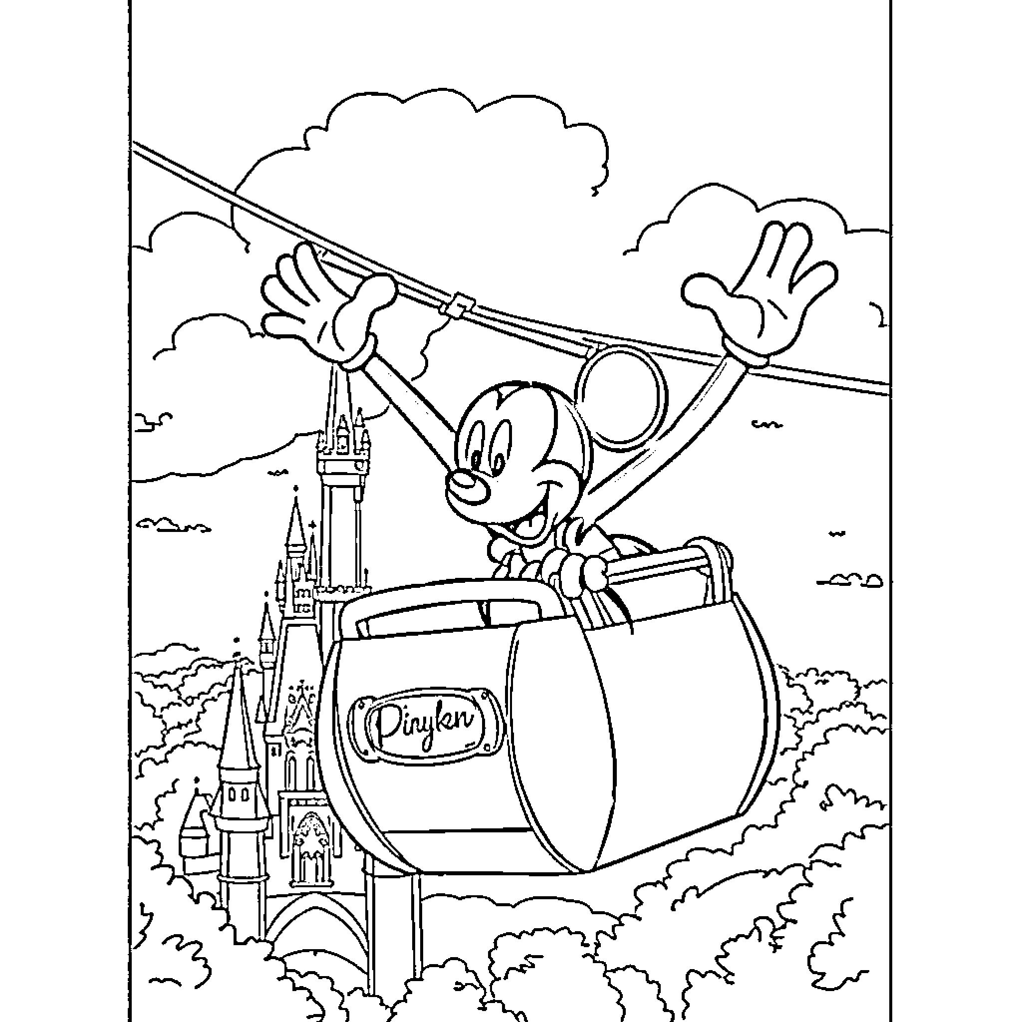 Mickey Mouse Riding Cable Car to Disney Castle Coloring Page (free black-and-white line drawing printable PDF for all, from beginners to advanced learners, including children, teens, adults, and seniors)