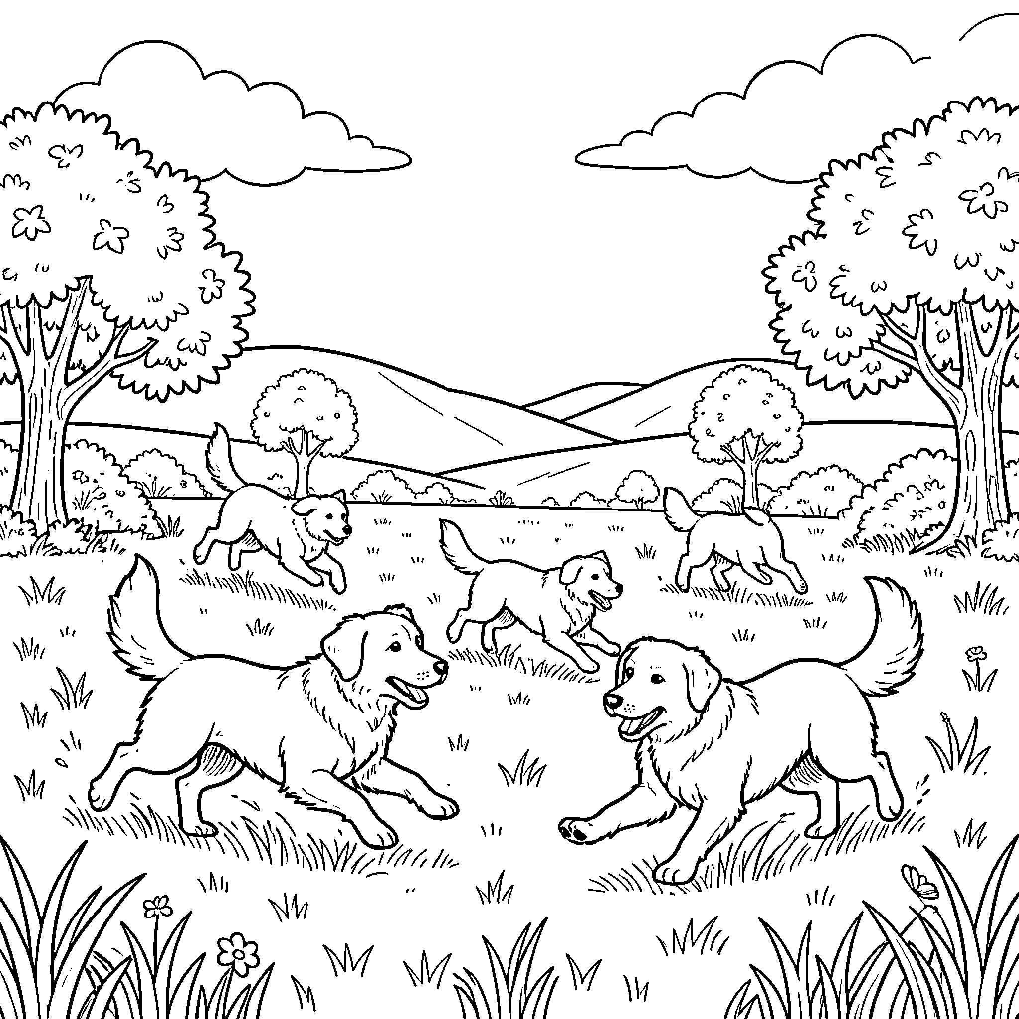 Dog friends running and playing in a meadow Coloring Page (free black-and-white line drawing printable PDF for all, from beginners to advanced learners, including children, teens, adults, and seniors)