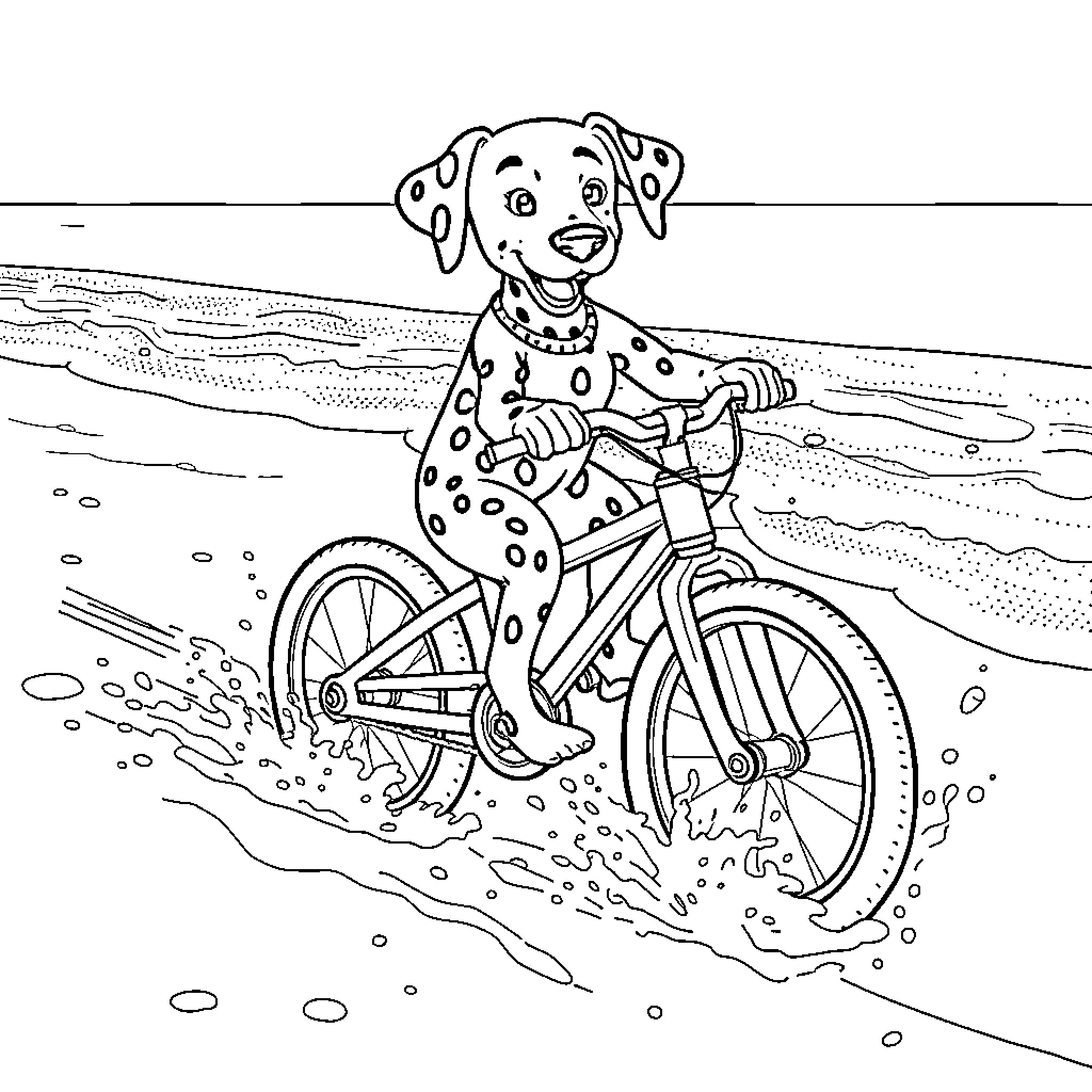 Dalmatian cycling on the beach Coloring Page (free black-and-white line drawing printable PDF for all, from beginners to advanced learners, including children, teens, adults, and seniors)