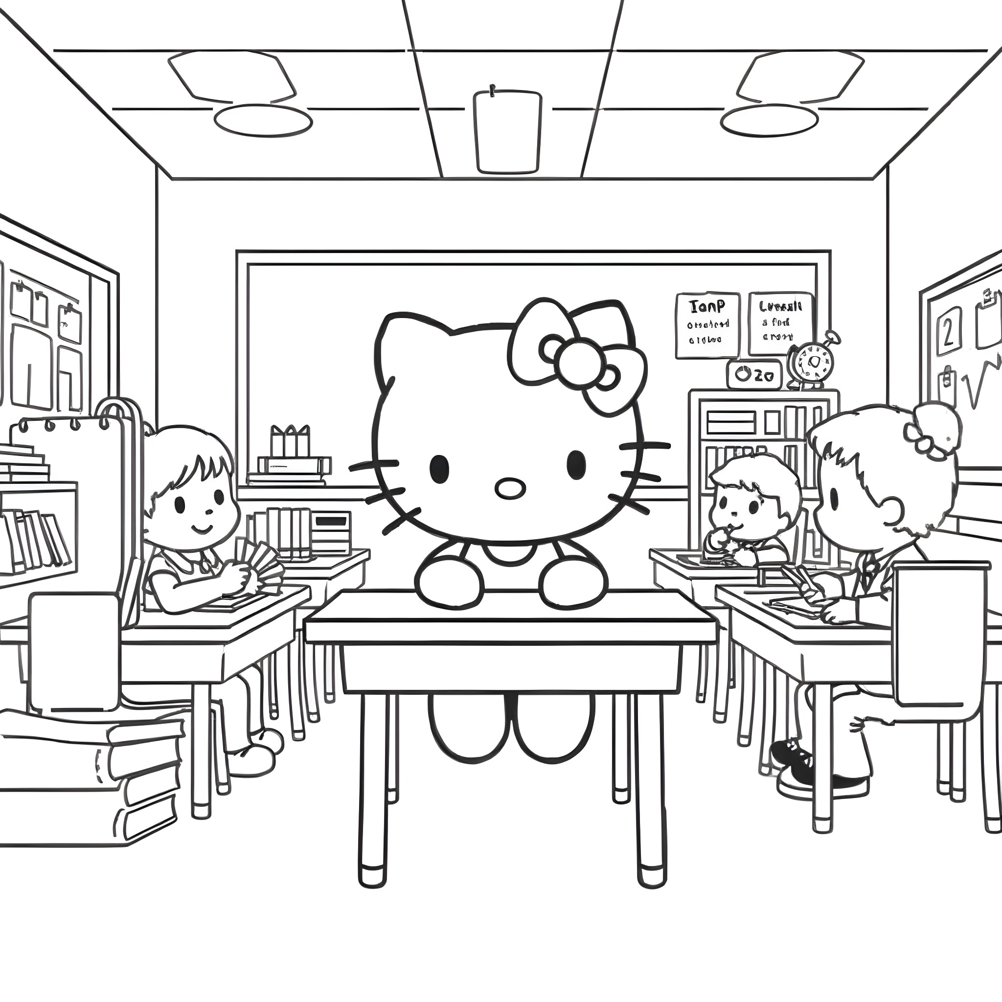 Hello Kitty in Classroom with Students Coloring Page (free black-and-white line drawing printable PDF for all, from beginners to advanced learners, including children, teens, adults, and seniors)