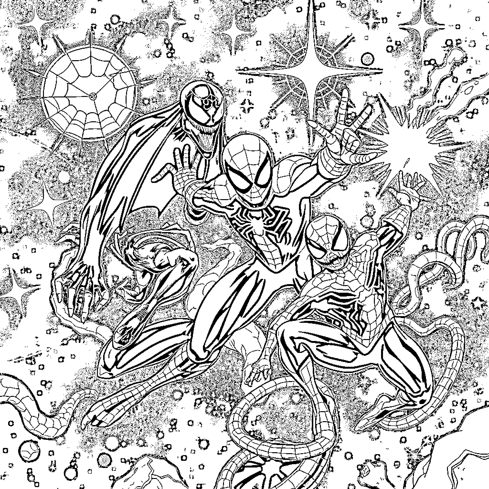 Spider-Heroes in an Epic Superhero Showdown Coloring Page (free black-and-white line drawing printable PDF for all, from beginners to advanced learners, including children, teens, adults, and seniors)